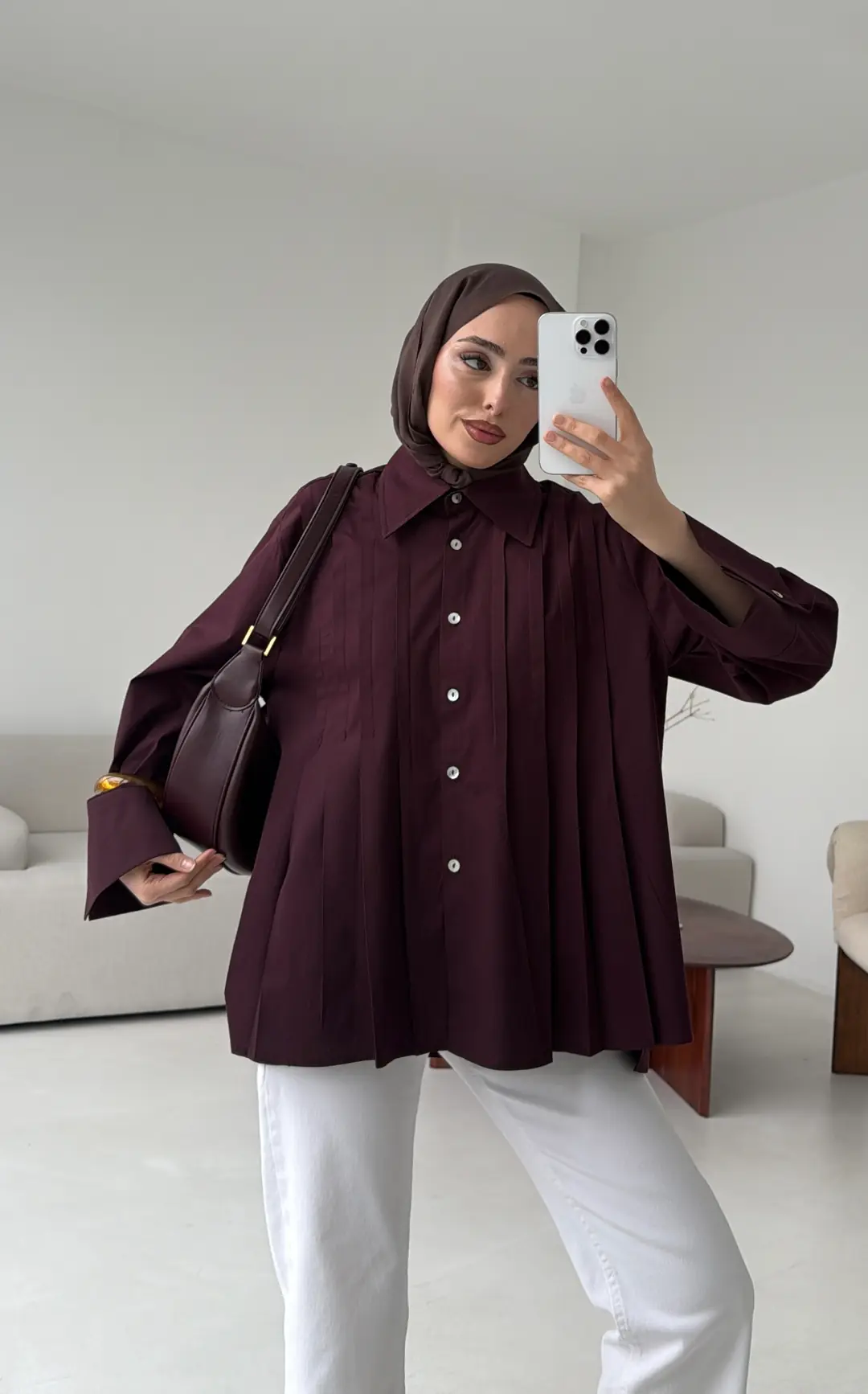 Pile Detay Gömlek Mürdüm - Görsel 8