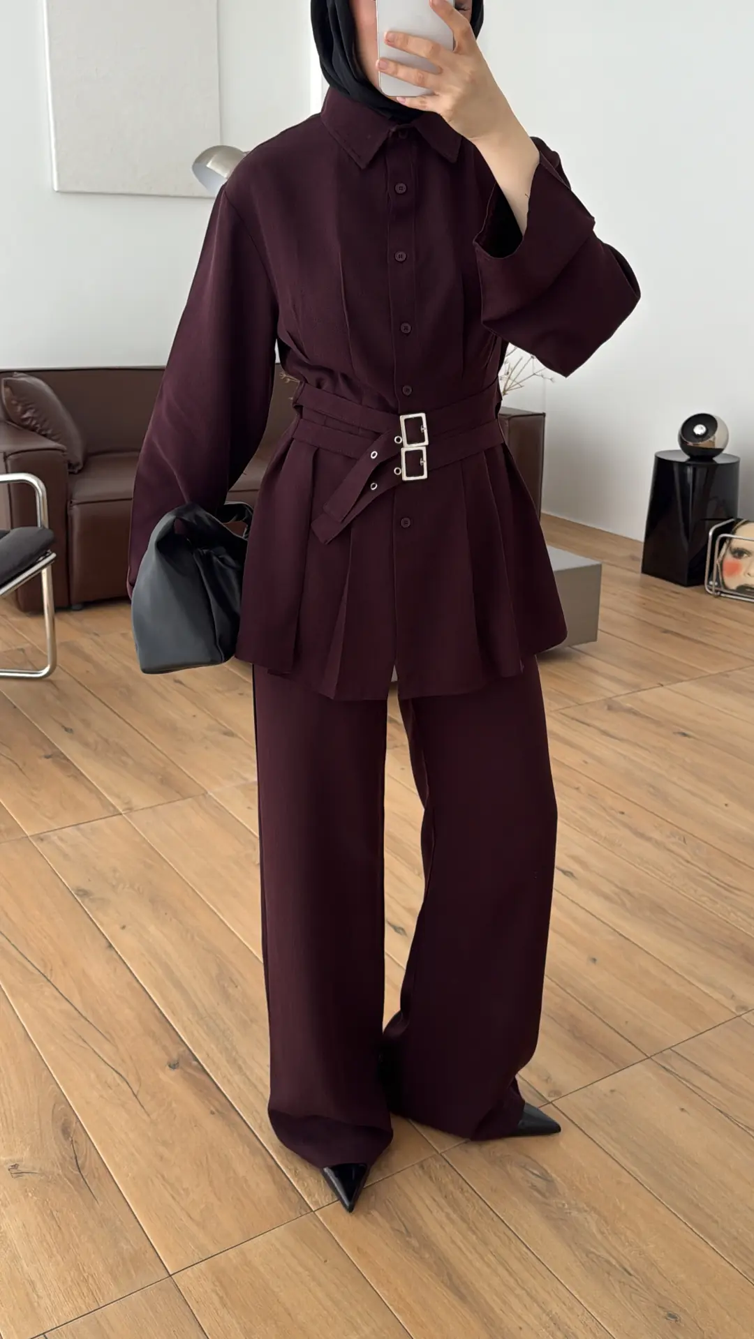 Pile Detay Kemerli Takım Bordo - Görsel 2