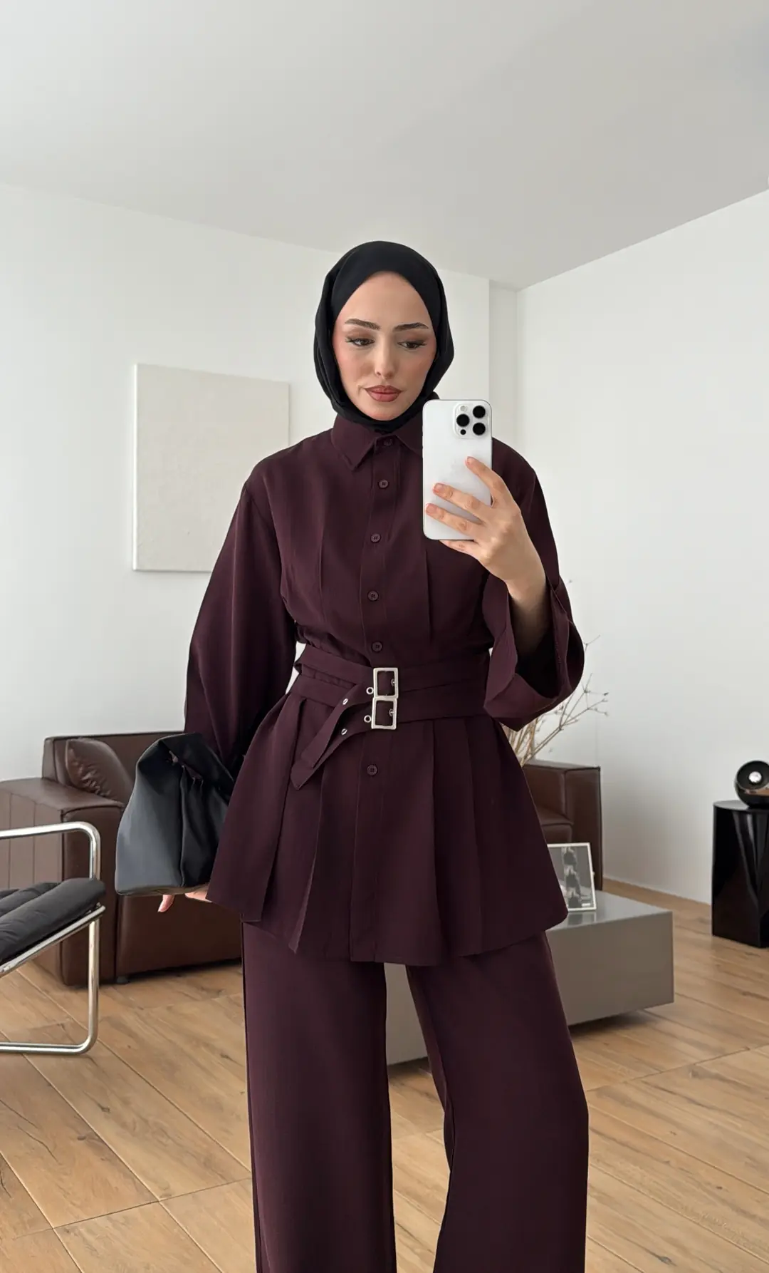 Pile Detay Kemerli Takım Bordo - Görsel 3