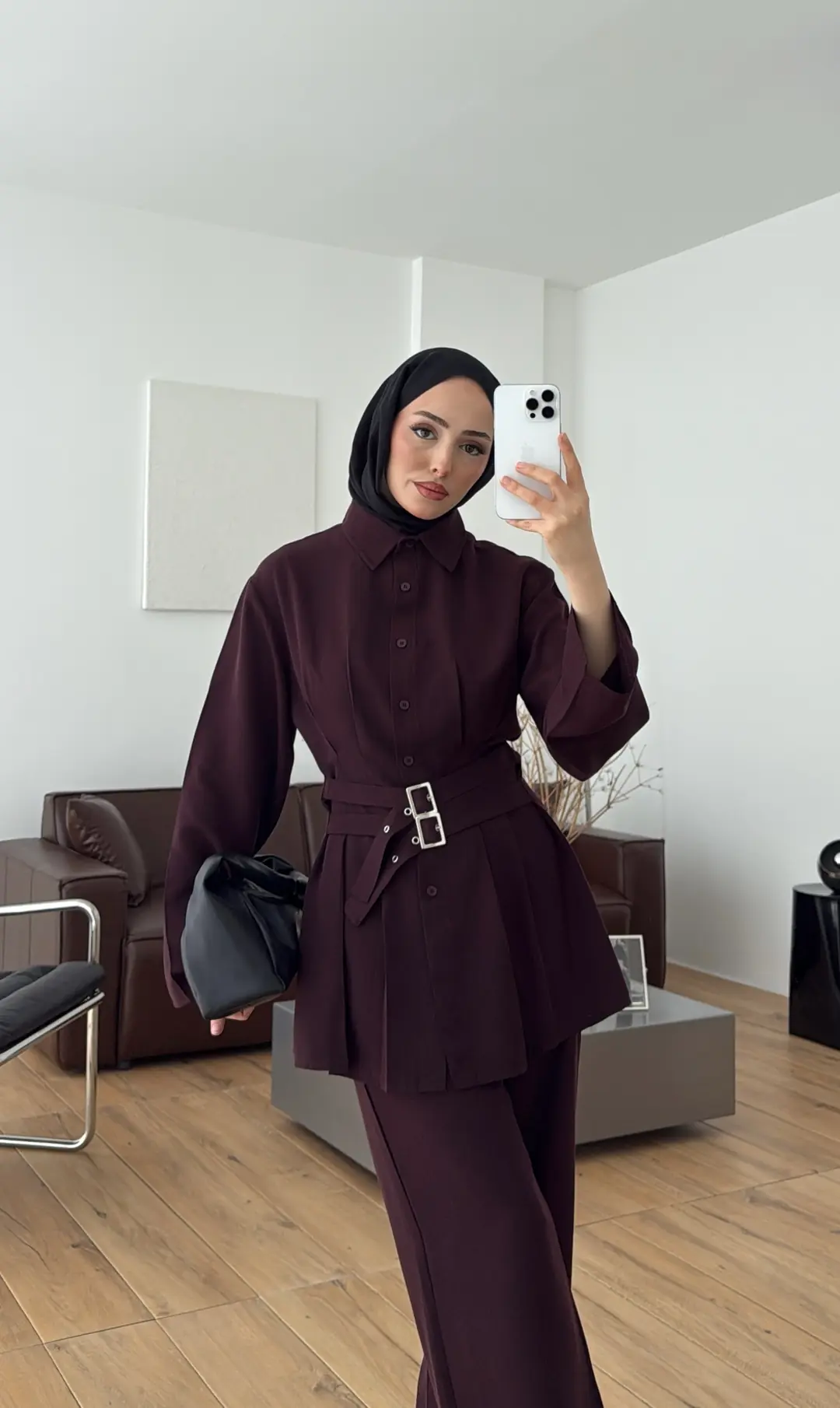 Pile Detay Kemerli Takım Bordo - Görsel 7