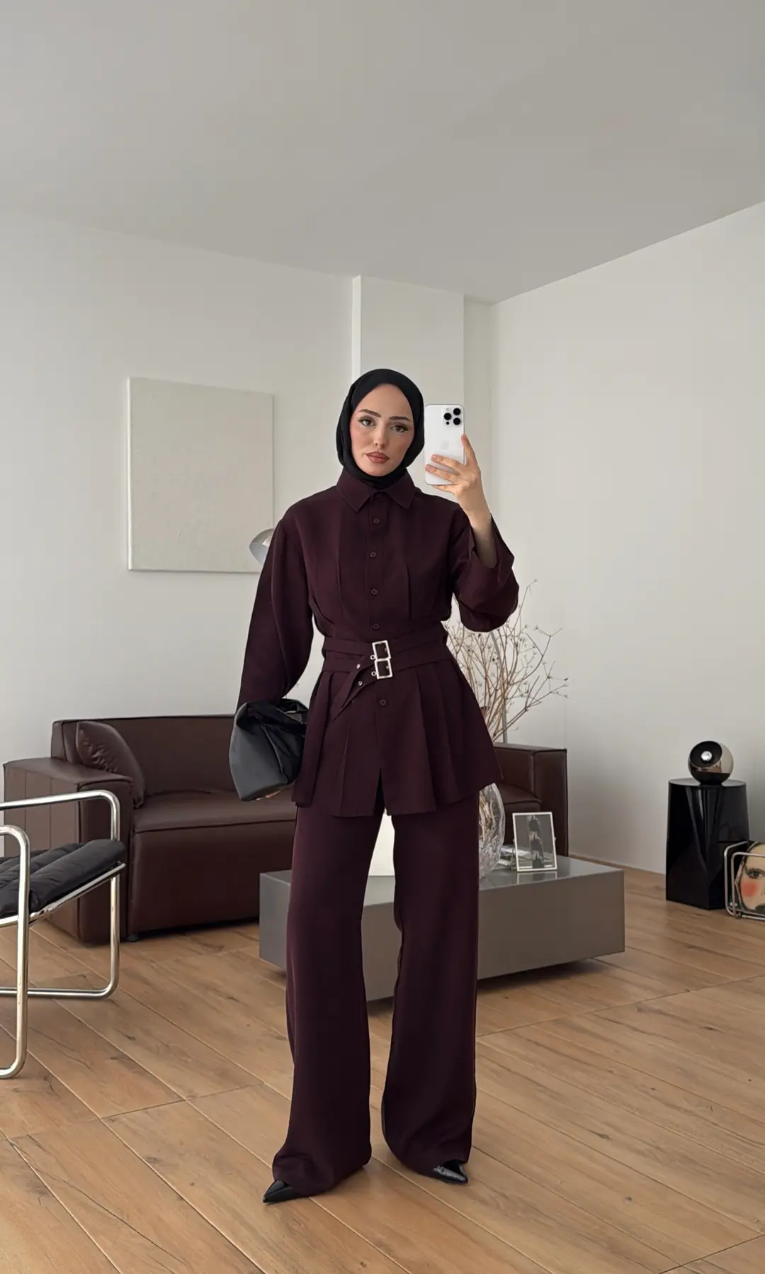 Pile Detay Kemerli Takım Bordo - Görsel 8