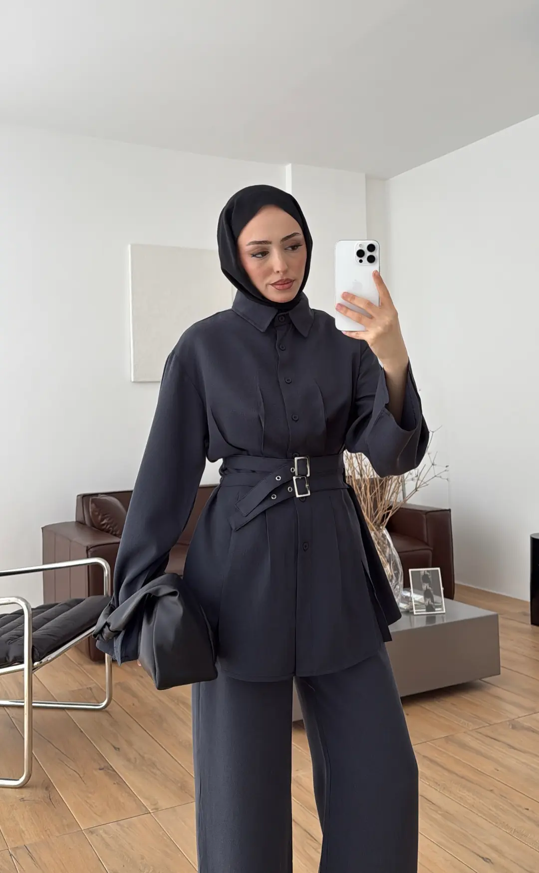 Pile Detay Kemerli Takım Petrol - Görsel 5