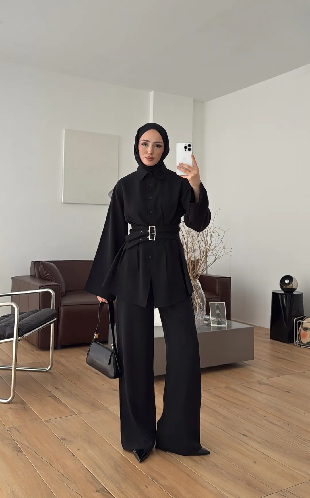 Pile Detay Kemerli Takım Siyah