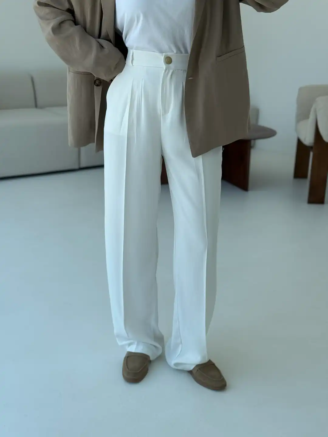 Pileli Palazzo Ekru Pantolon