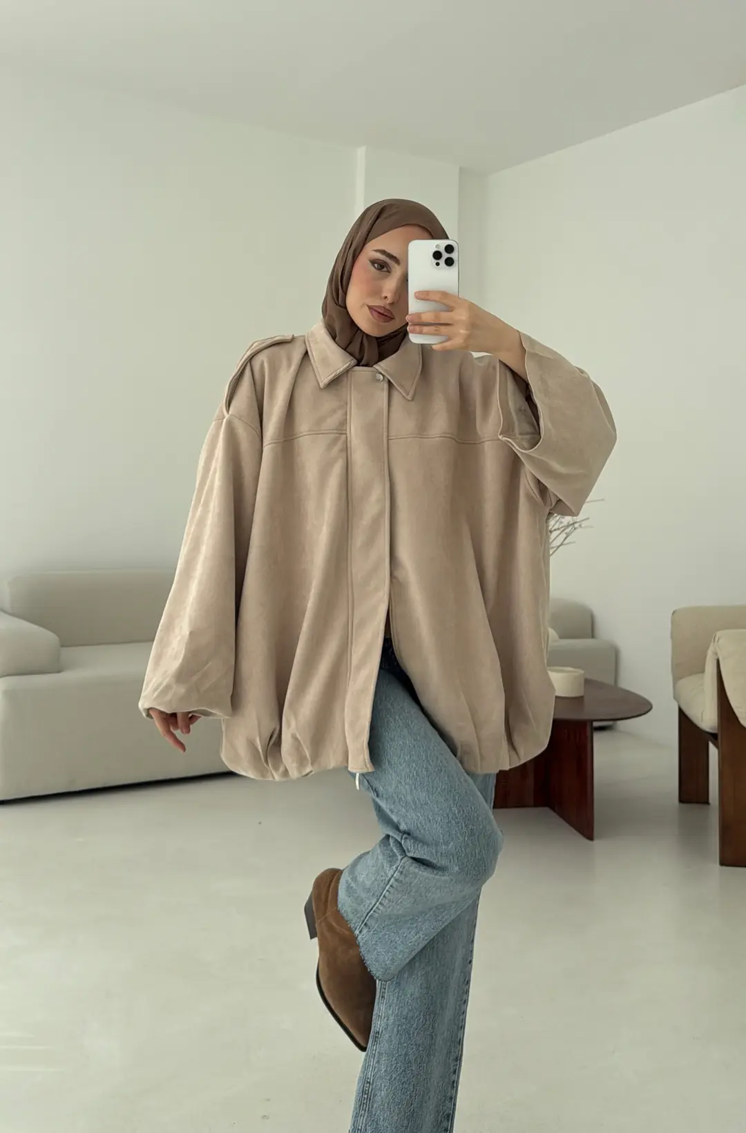 Pileli Süet Ceket Bej - Görsel 3