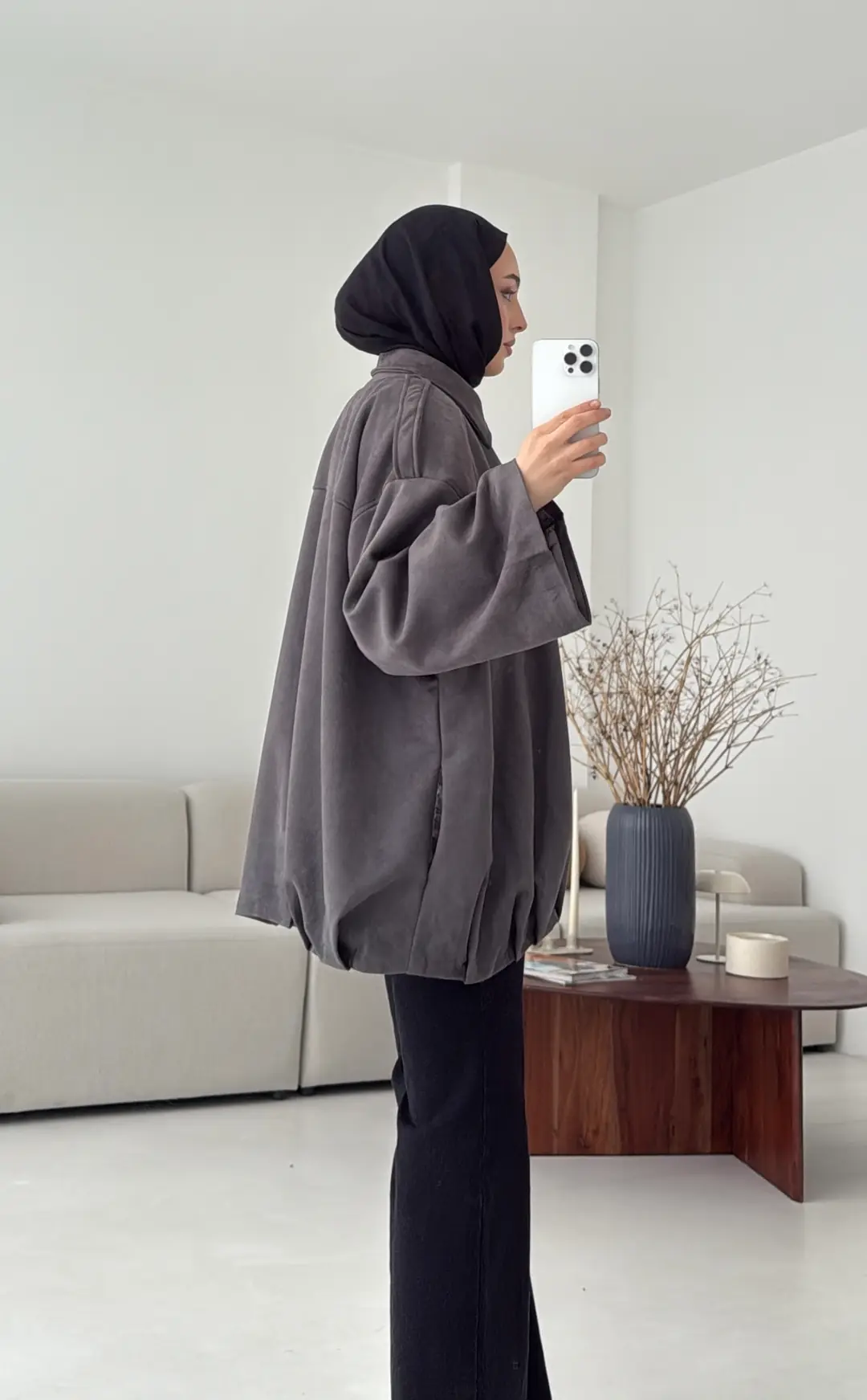 Pileli Süet Ceket Gri - Görsel 3