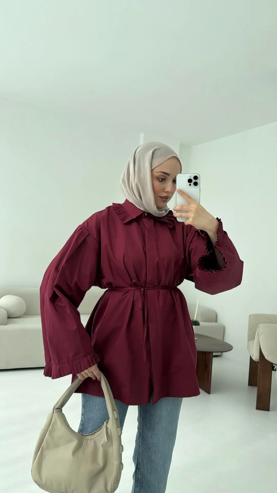 Pilise Detaylı Gömlek Bordo - Görsel 4