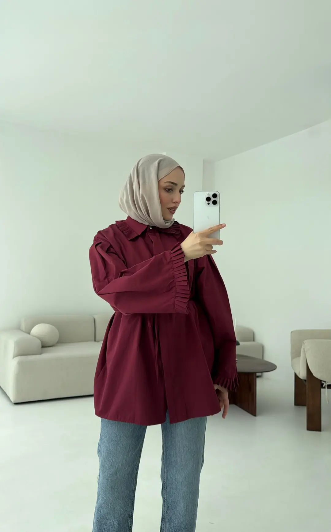 Pilise Detaylı Gömlek Bordo - Görsel 6