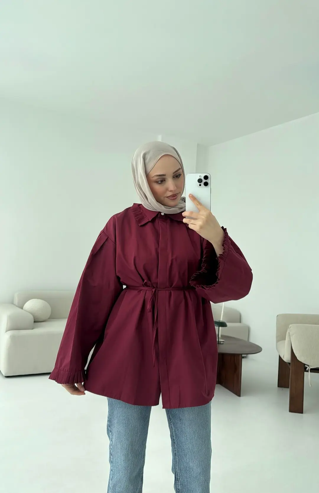 Pilise Detaylı Gömlek Bordo - Görsel 8