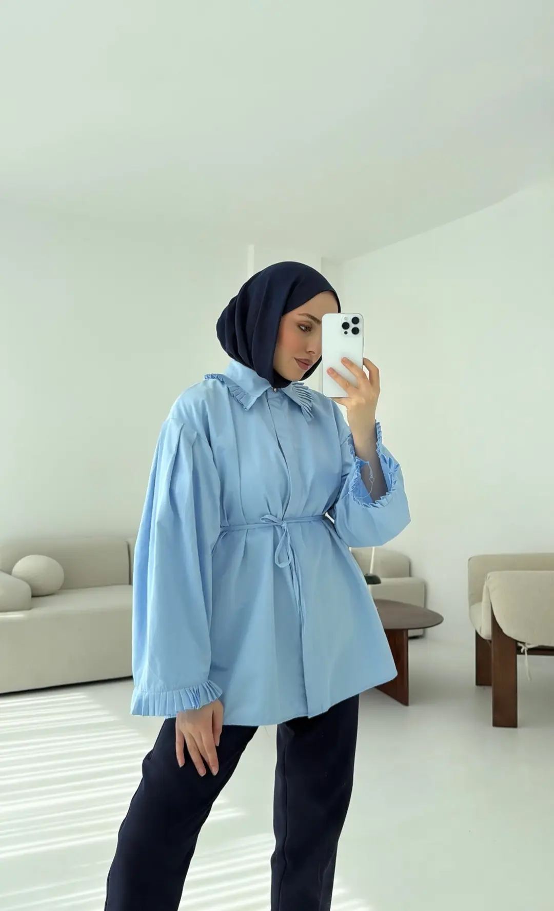 Pilise Detaylı Gömlek Mavi