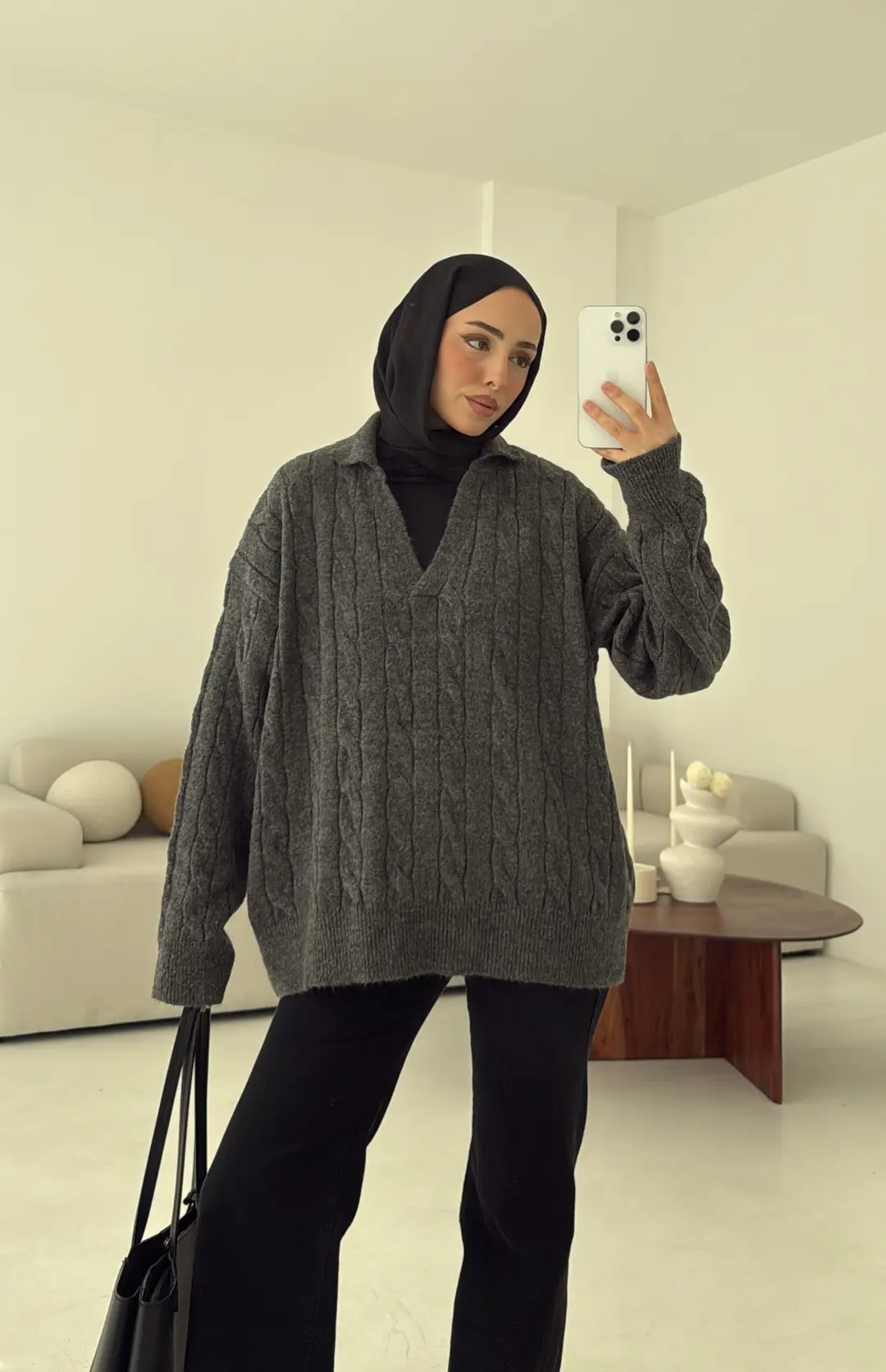 Polo Yaka Örgü Kazak Antrasit