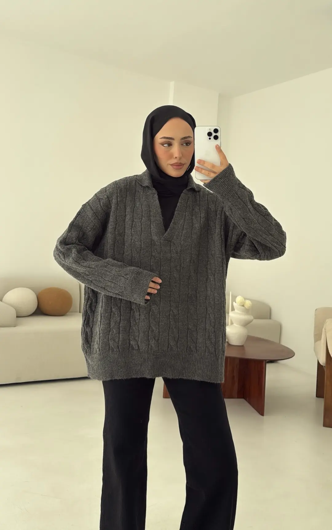 Polo Yaka Örgü Kazak Antrasit - Görsel 3