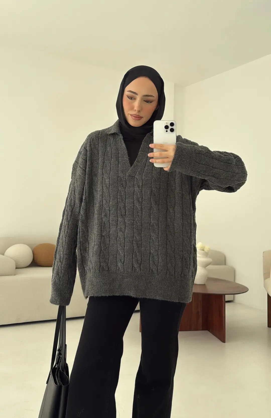 Polo Yaka Örgü Kazak Antrasit - Görsel 7