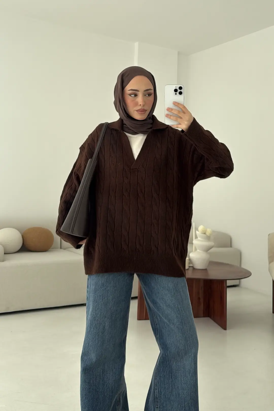 Polo Yaka Örgü Kazak Kahve