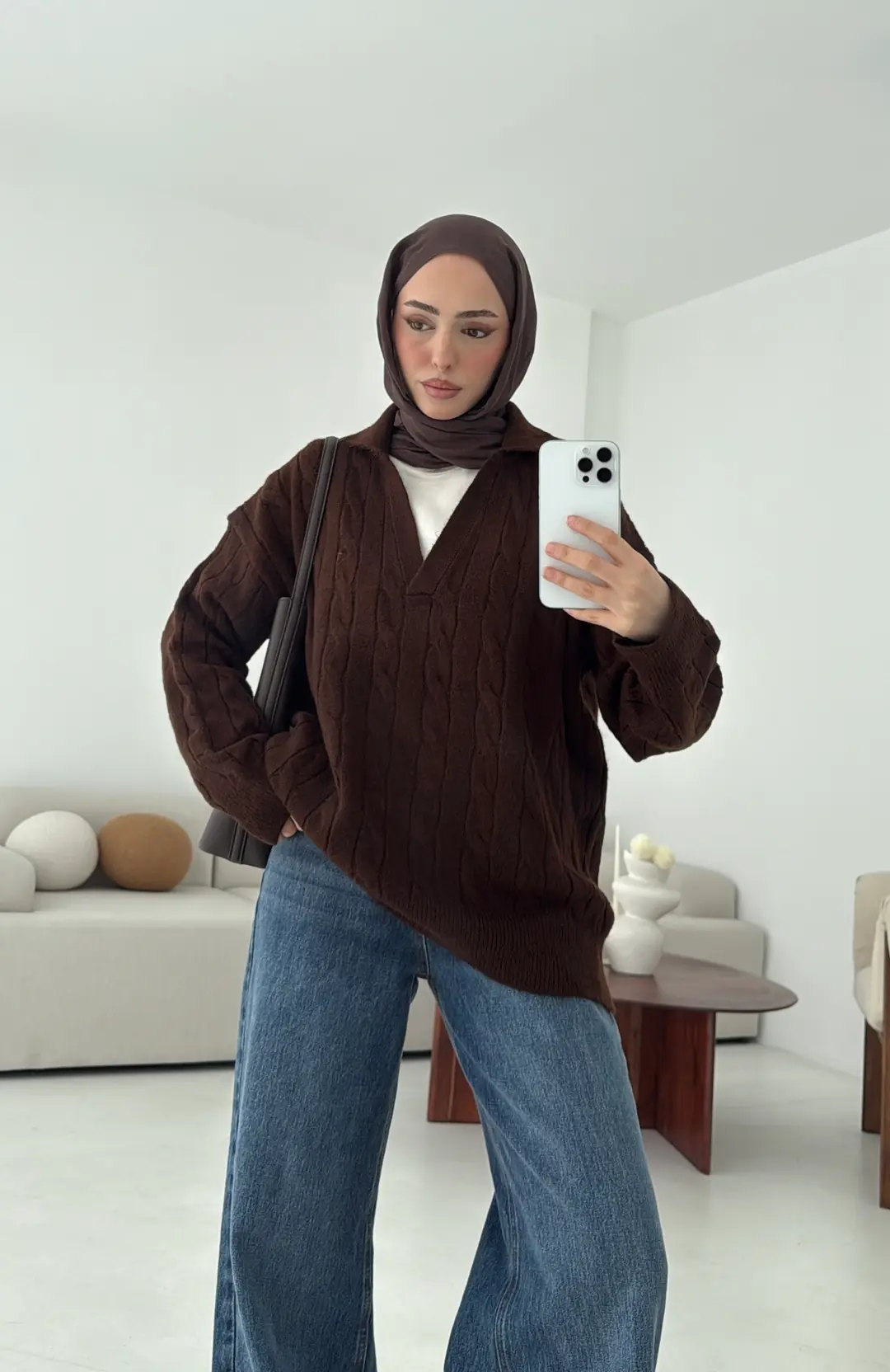 Polo Yaka Örgü Kazak Kahve - Görsel 2