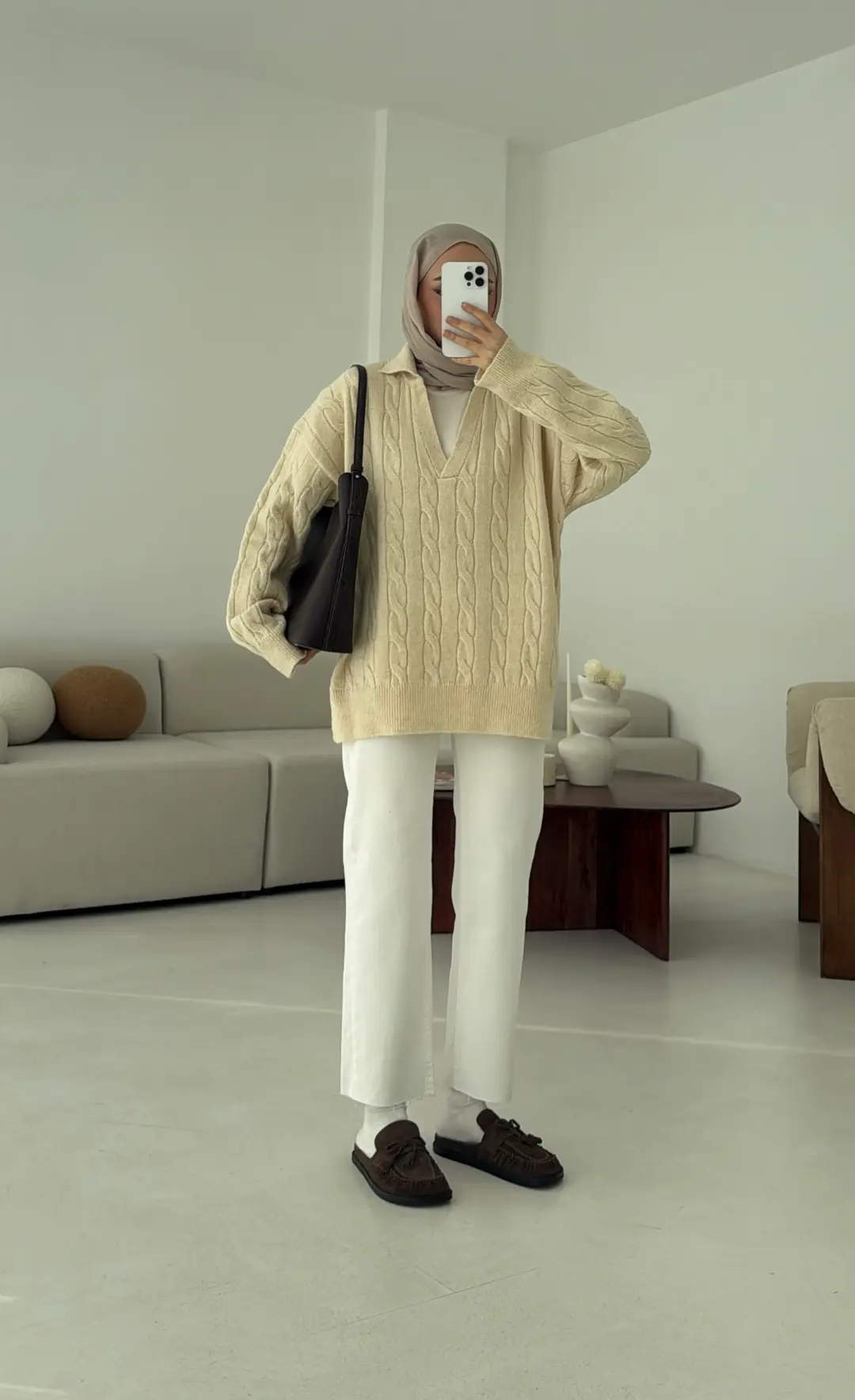 Polo Yaka Örgü Kazak Krem - Görsel 10