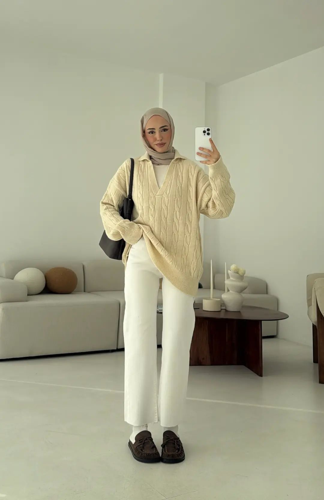 Polo Yaka Örgü Kazak Krem - Görsel 2