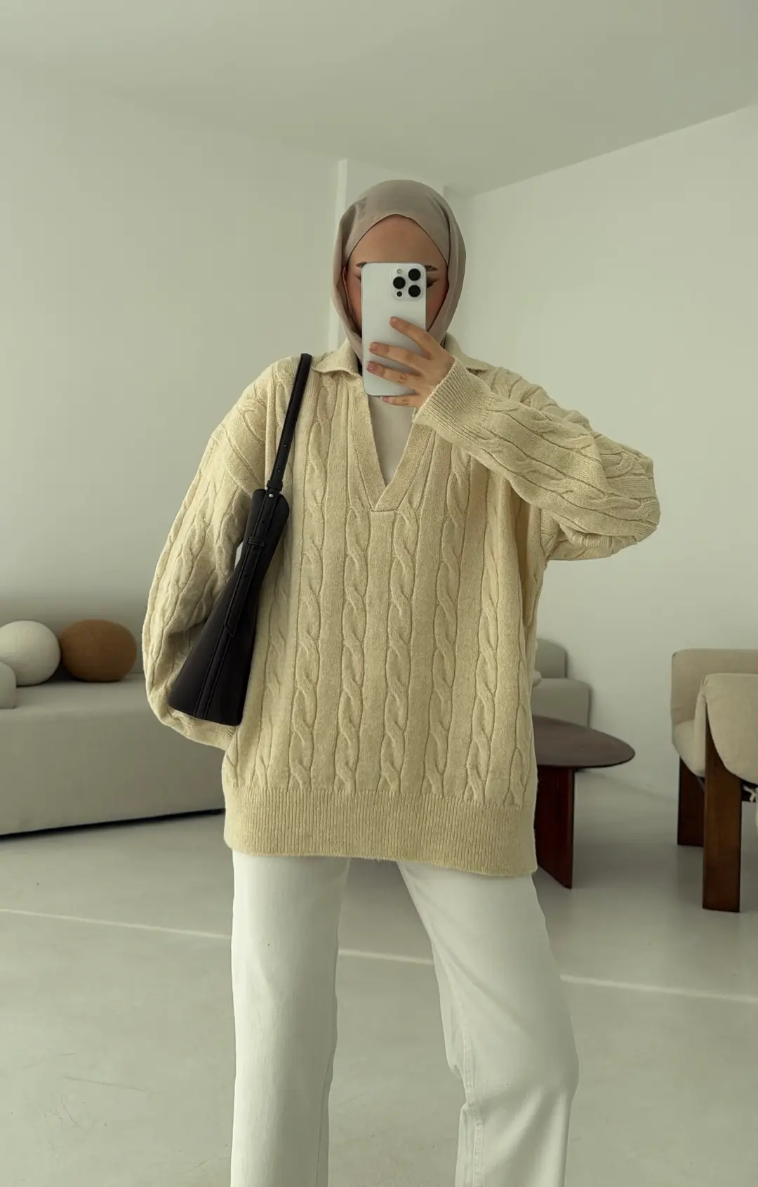 Polo Yaka Örgü Kazak Krem - Görsel 7