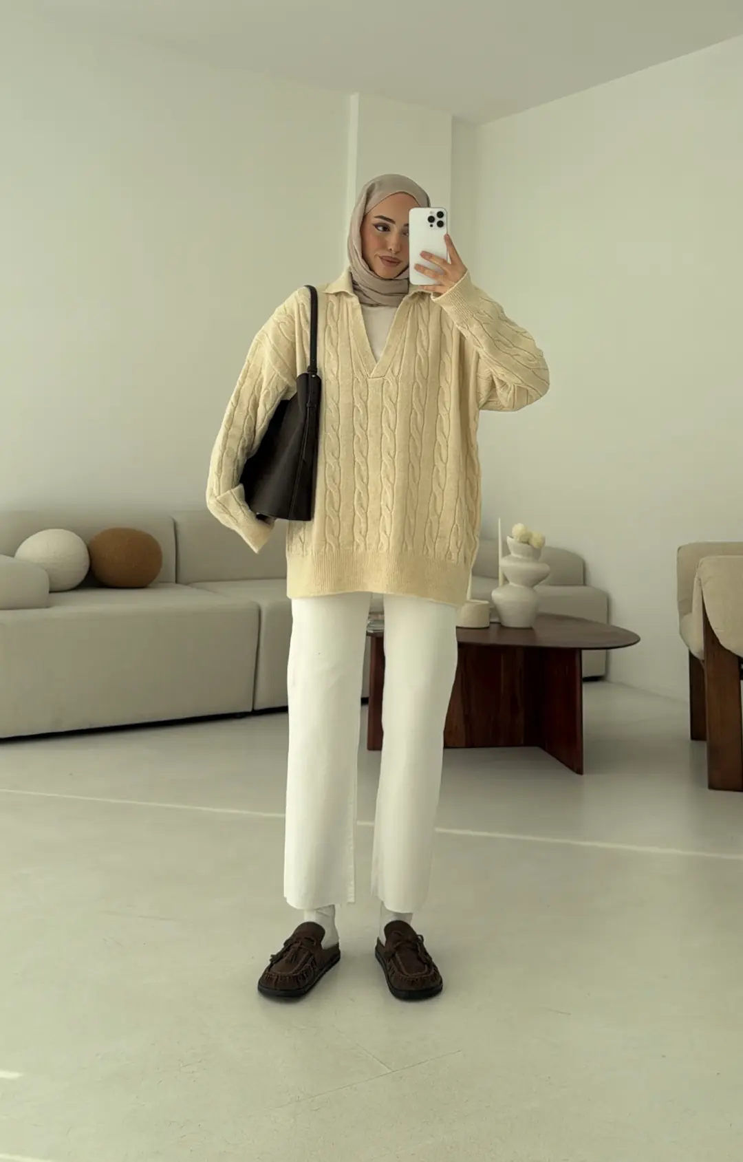 Polo Yaka Örgü Kazak Krem - Görsel 8