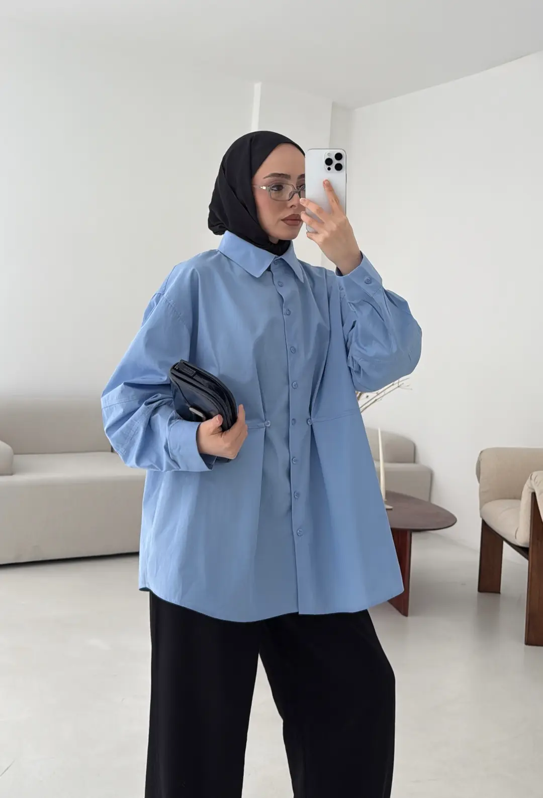 Poplin Düğme Detay Gömlek Mavi