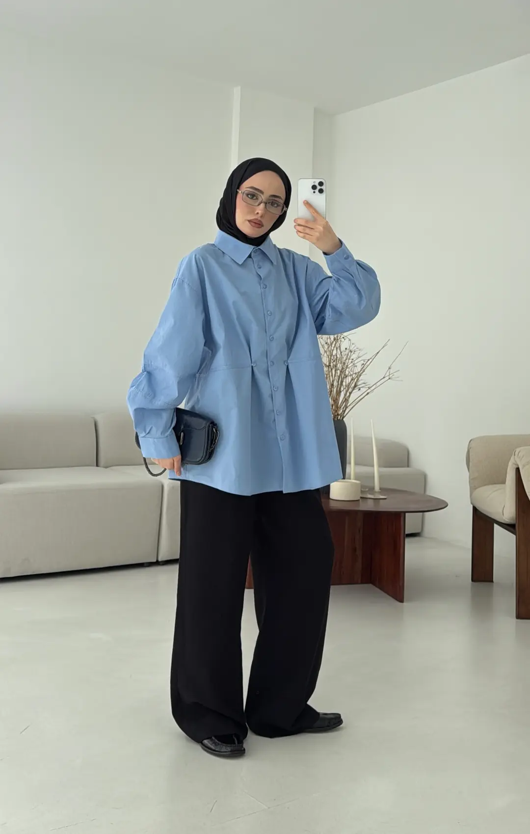 Poplin Düğme Detay Gömlek Mavi - Görsel 2