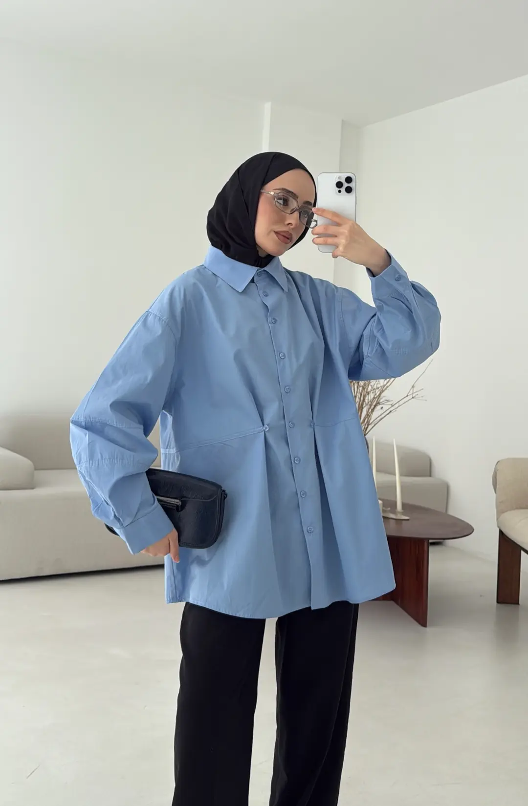 Poplin Düğme Detay Gömlek Mavi - Görsel 4