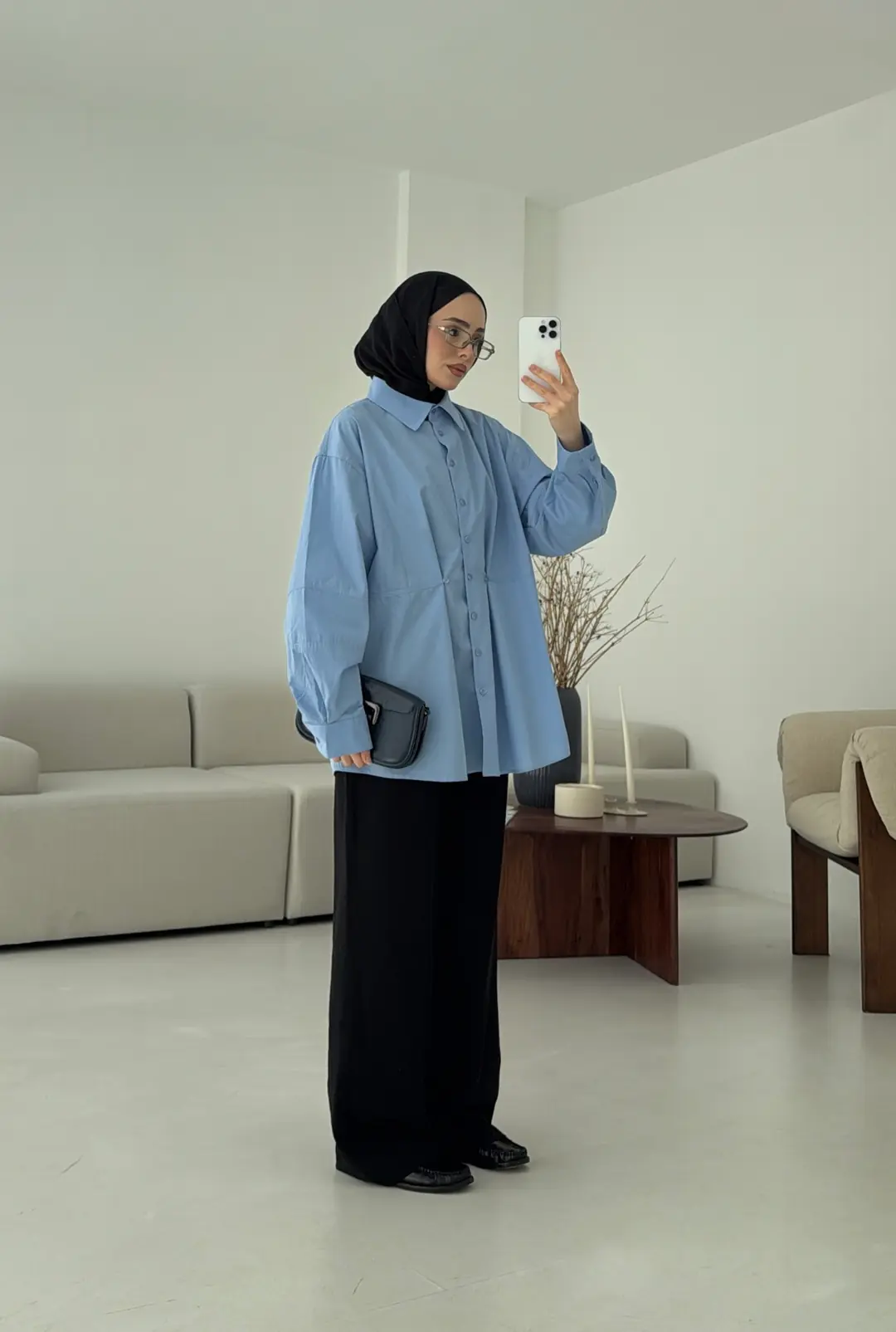 Poplin Düğme Detay Gömlek Mavi - Görsel 6