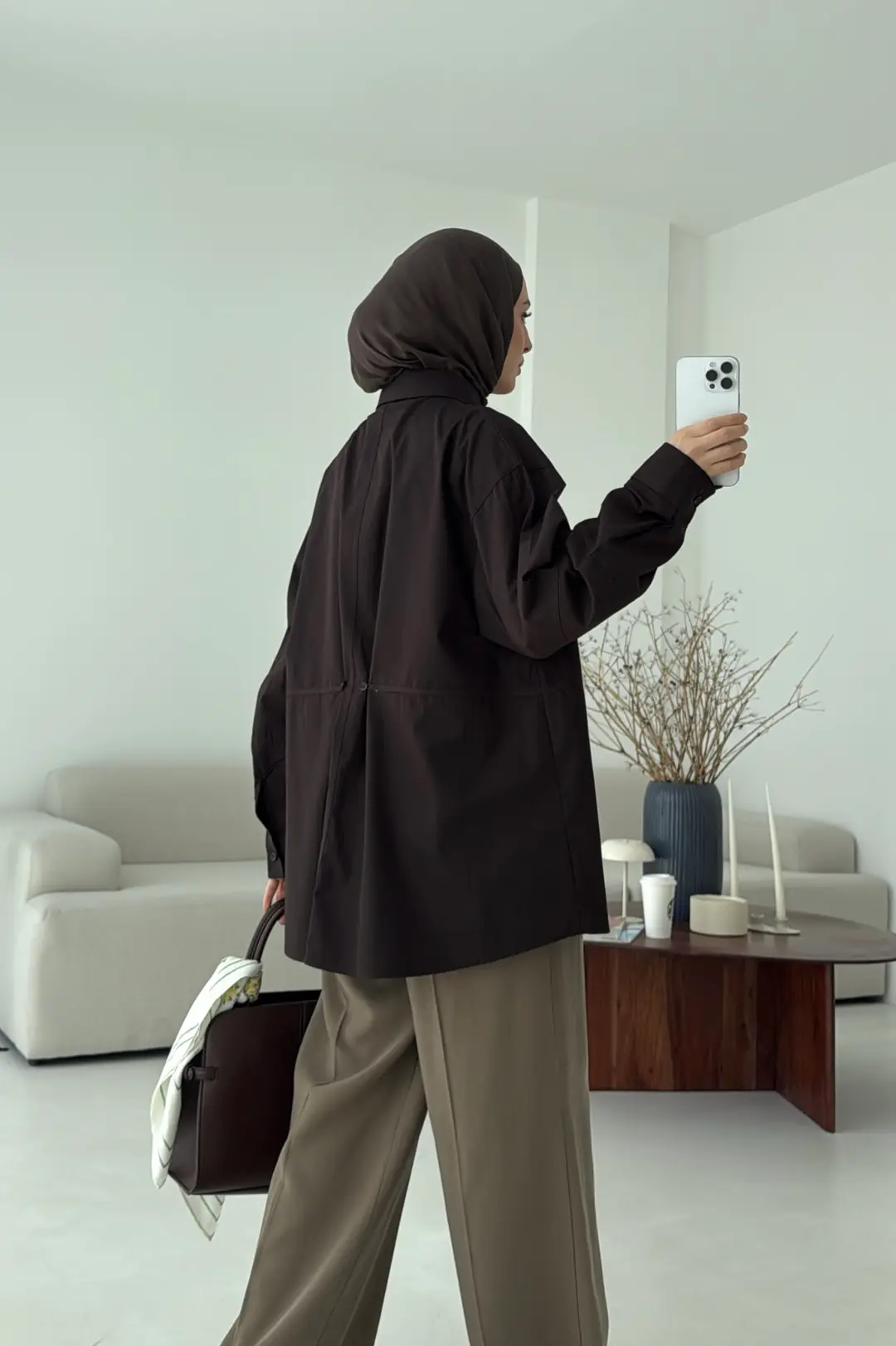 Poplin Düğme Detay Gömlek Kahve - Görsel 2