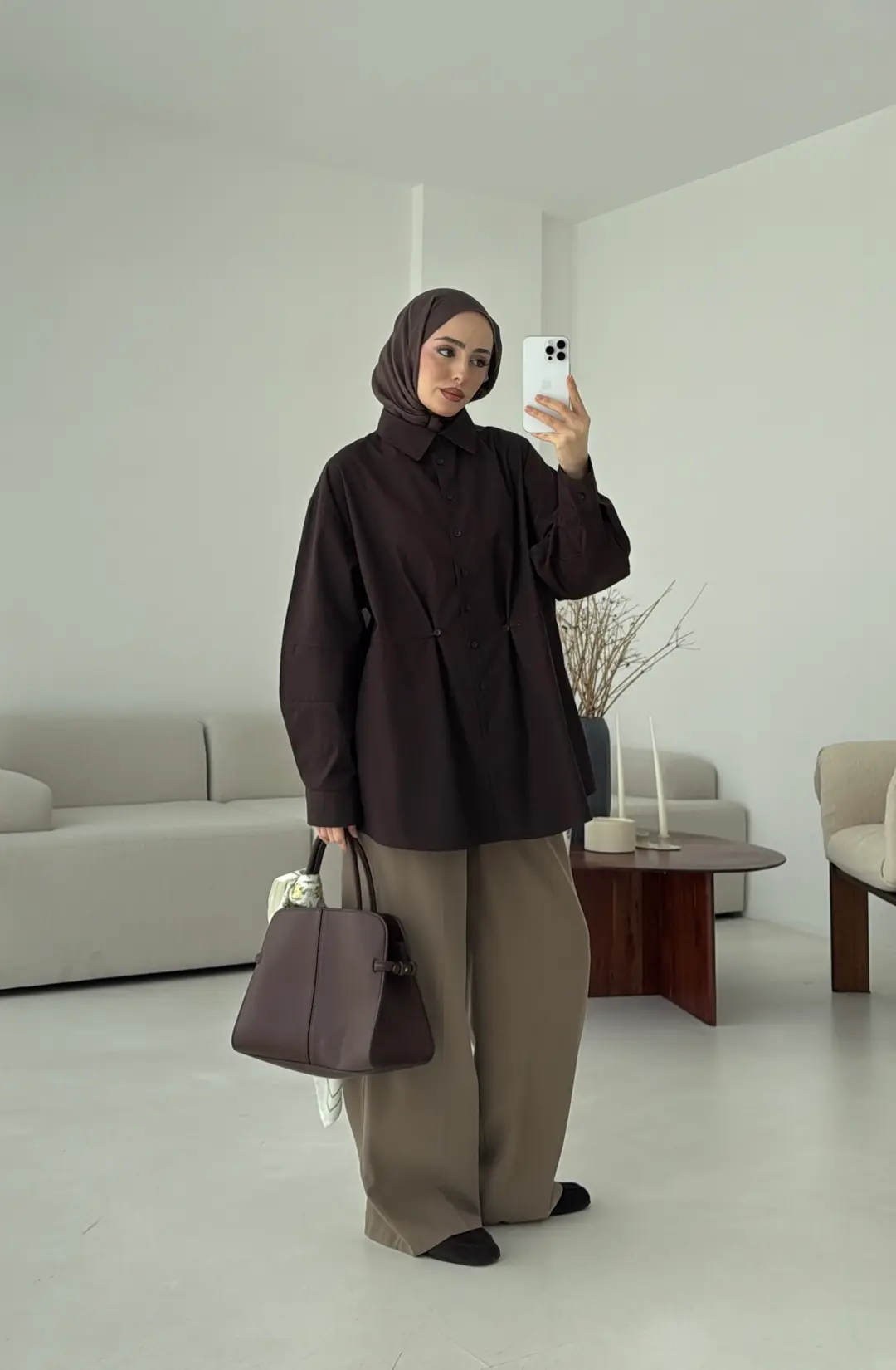 Poplin Düğme Detay Gömlek Kahve - Görsel 7