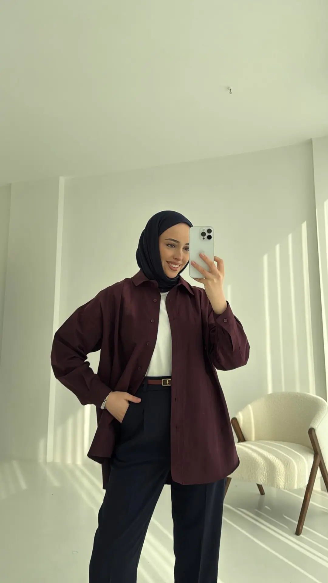 Poplin Oversize Gömlek Bordo - Görsel 3