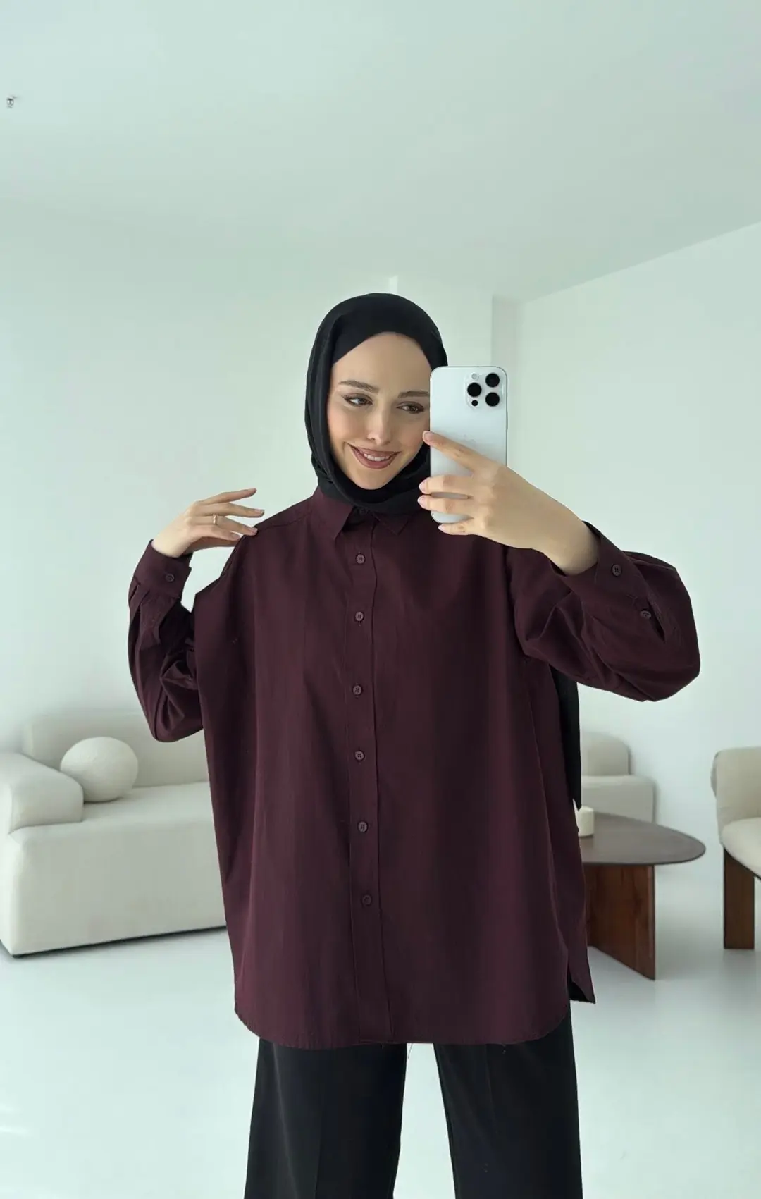 Poplin Oversize Gömlek Bordo - Görsel 3