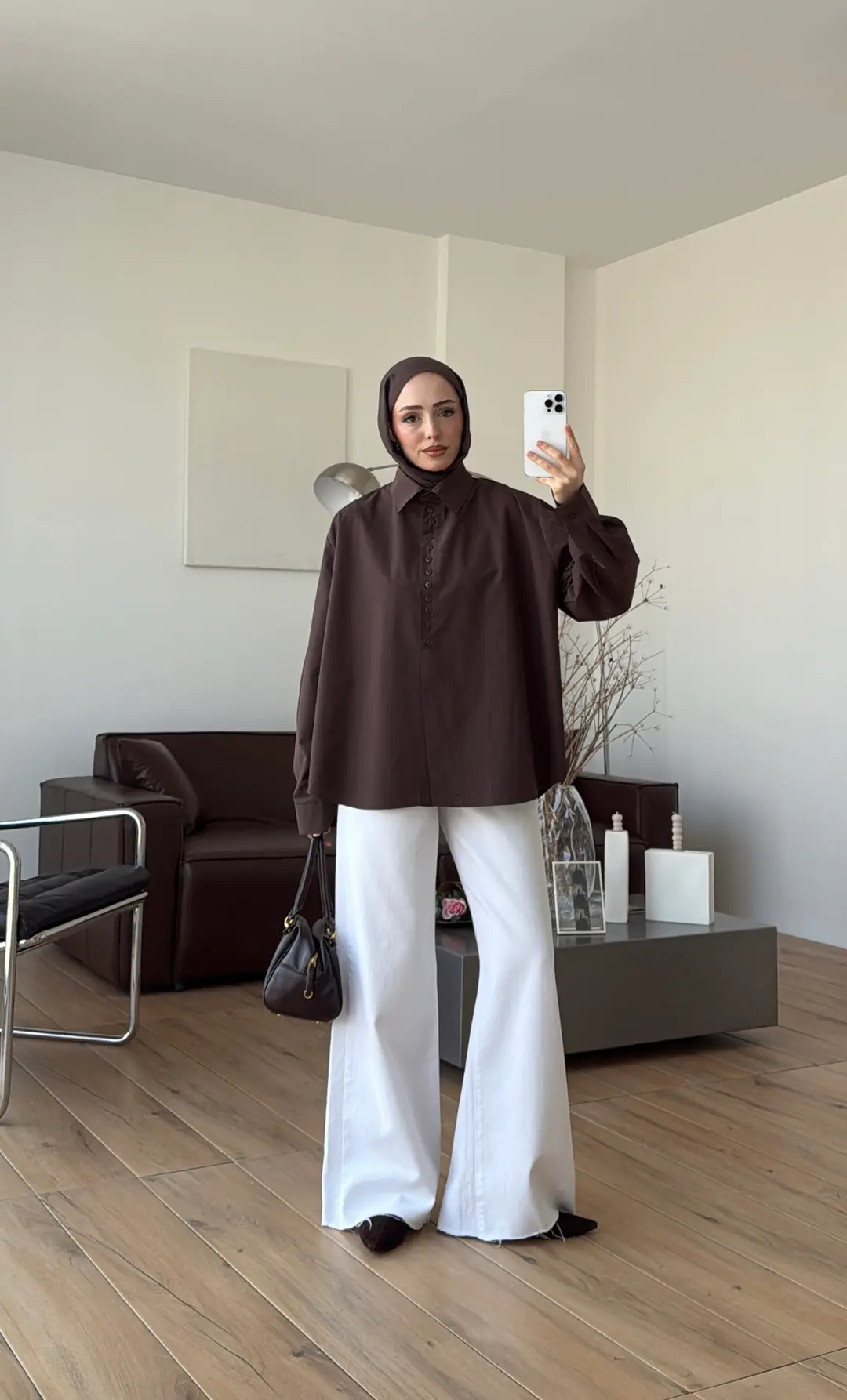 Poplin Sık Düğmeli Gömlek Kahve - Görsel 5