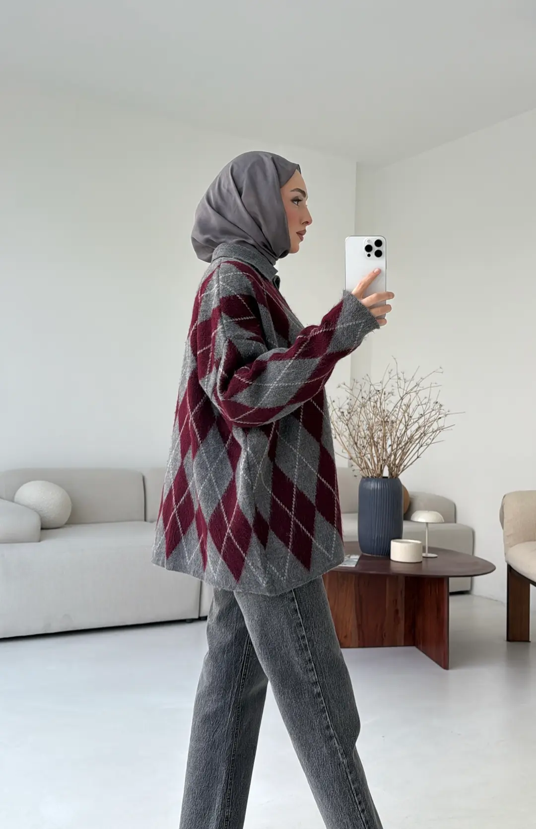 Premium Baklava Desenli Polo Yaka Kazak Gri - Görsel 2