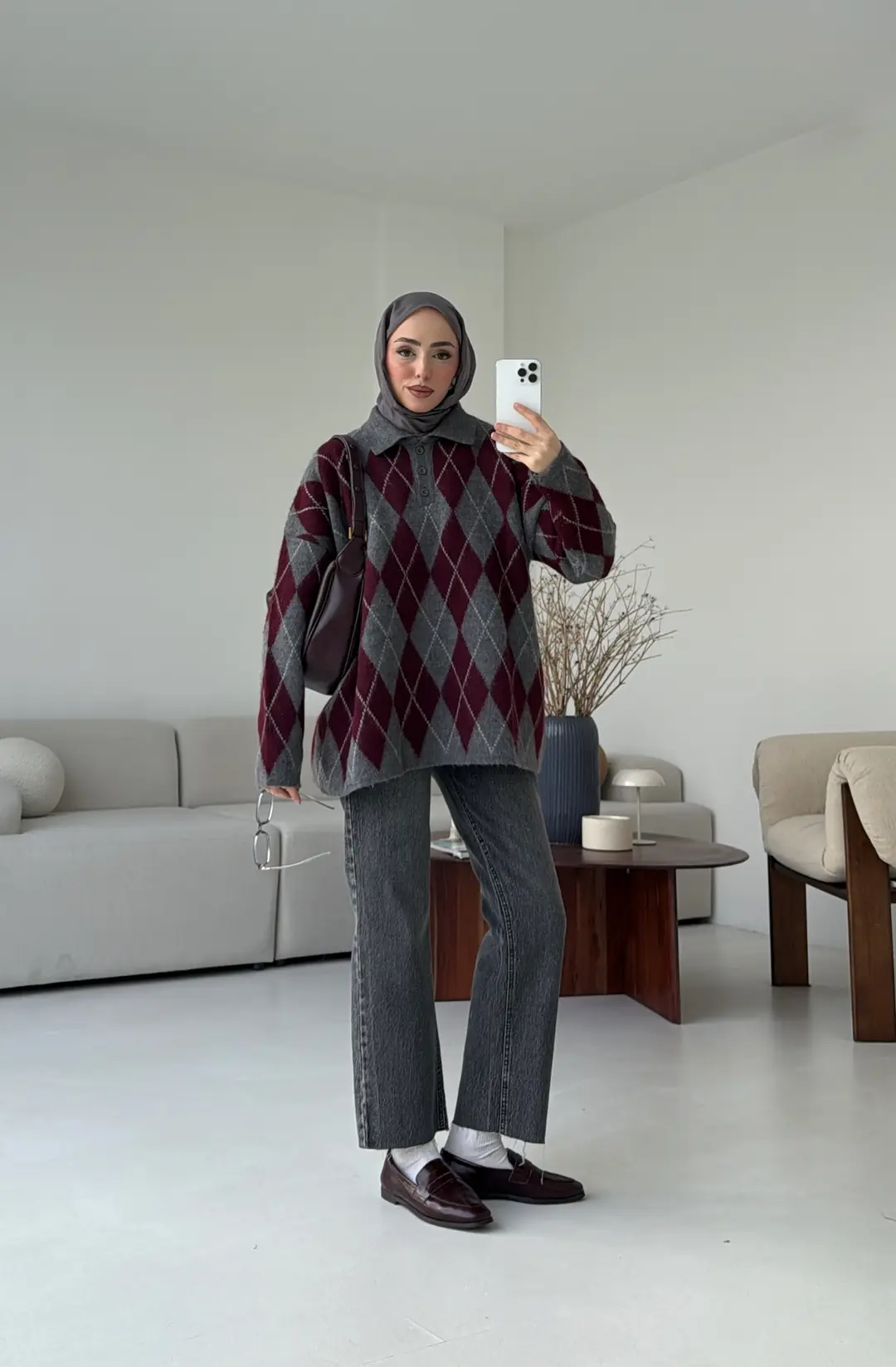 Premium Baklava Desenli Polo Yaka Kazak Gri - Görsel 7