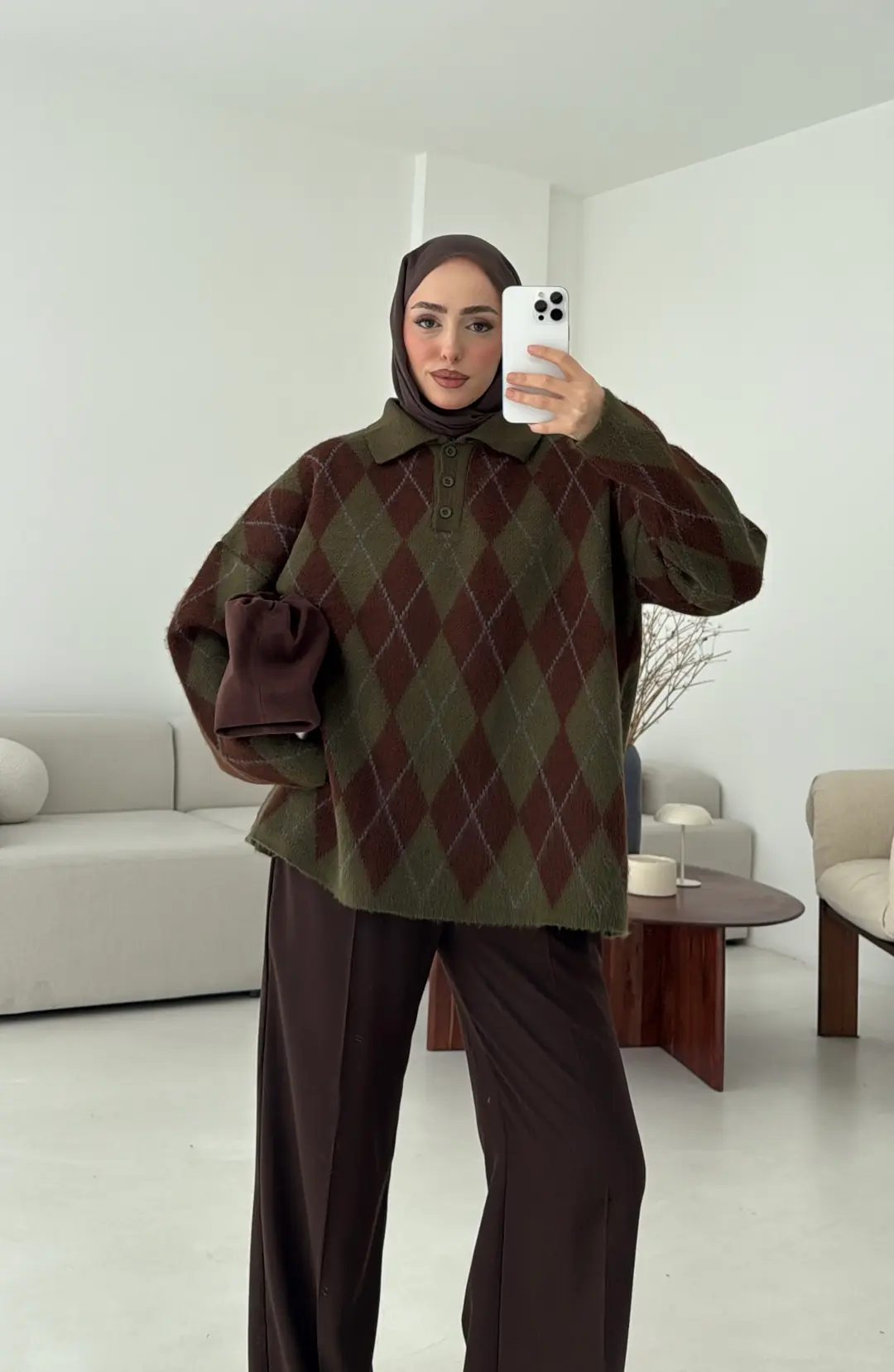 Premium Baklava Desenli Polo Yaka Kazak Haki - Görsel 4