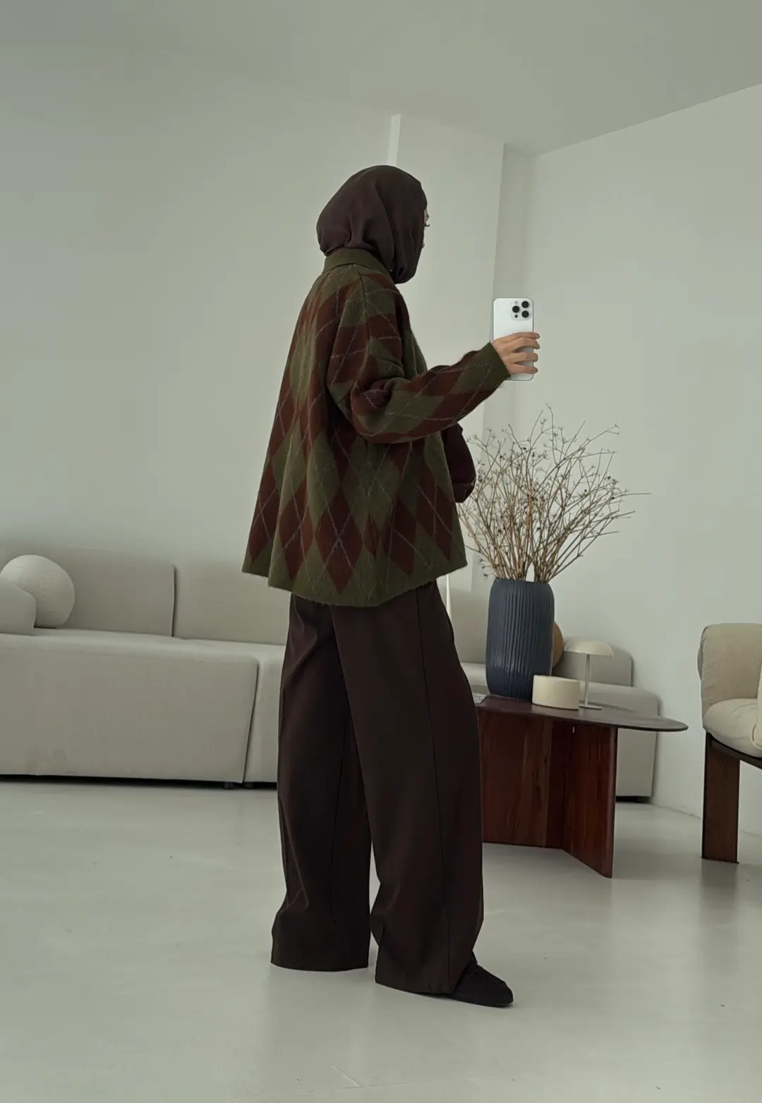 Premium Baklava Desenli Polo Yaka Kazak Haki - Görsel 7