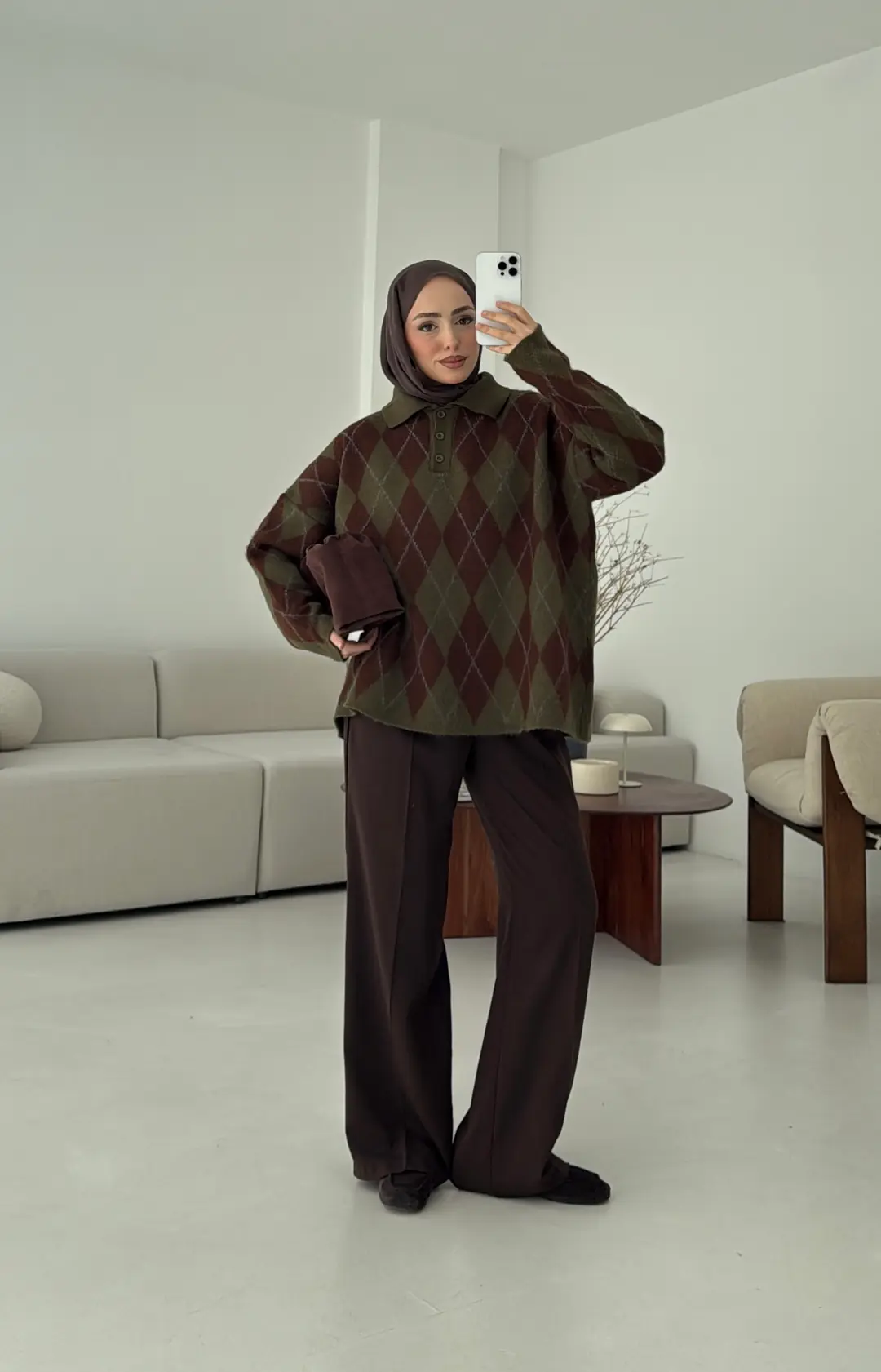 Premium Baklava Desenli Polo Yaka Kazak Haki - Görsel 9