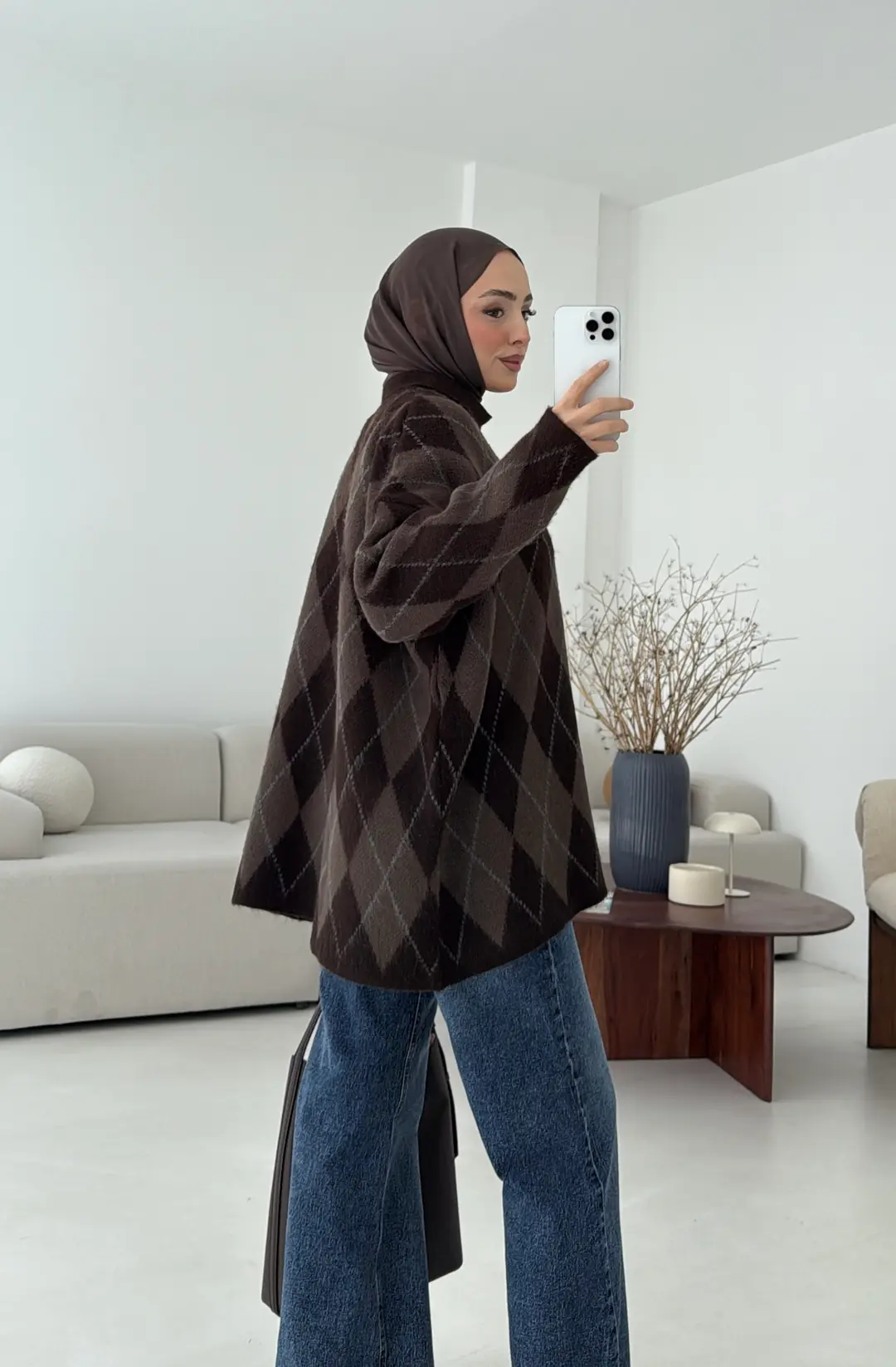 Premium Baklava Desenli Polo Yaka Kazak Kahve - Görsel 3