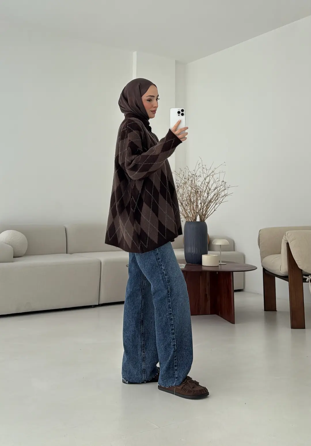 Premium Baklava Desenli Polo Yaka Kazak Kahve - Görsel 6