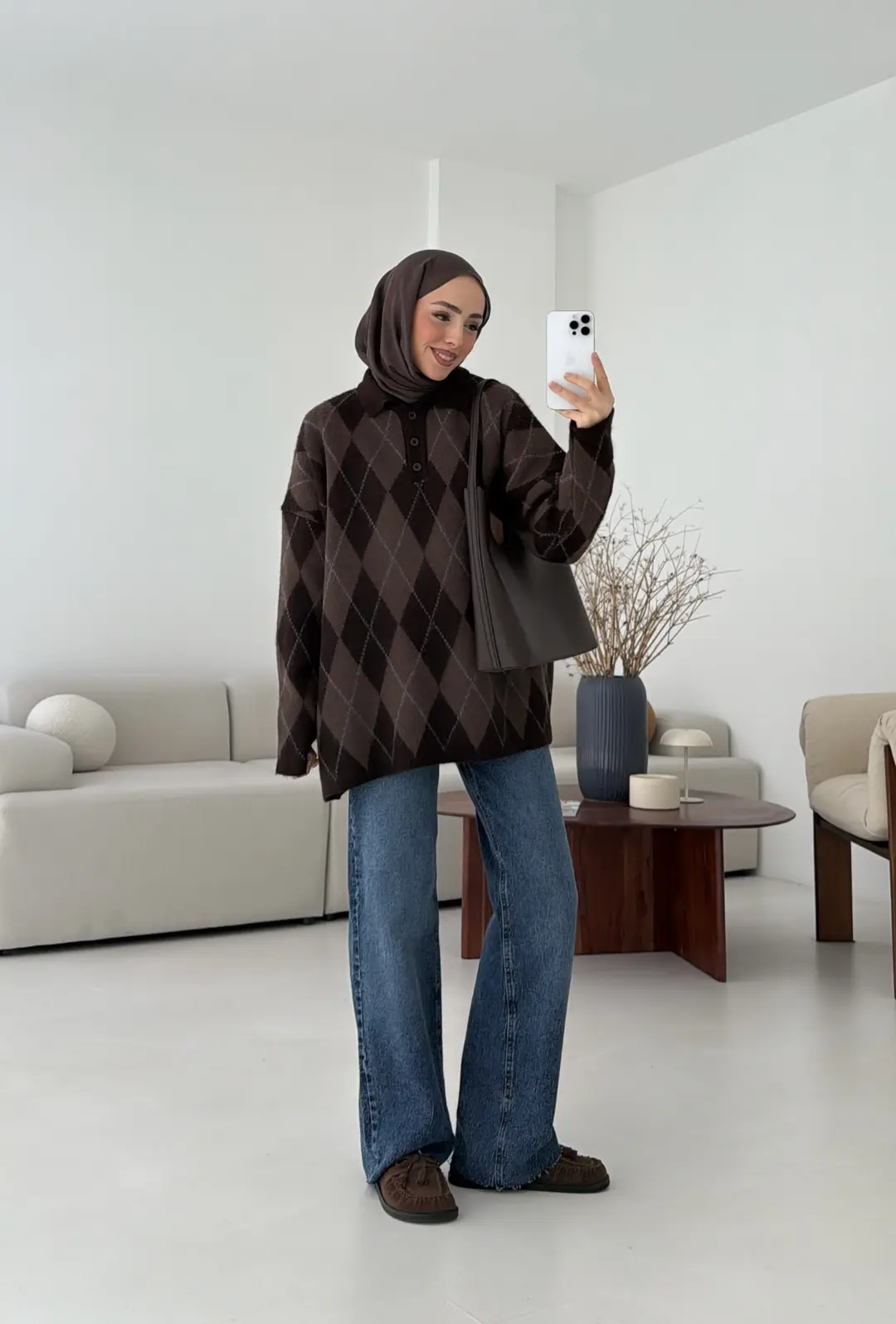 Premium Baklava Desenli Polo Yaka Kazak Kahve - Görsel 7