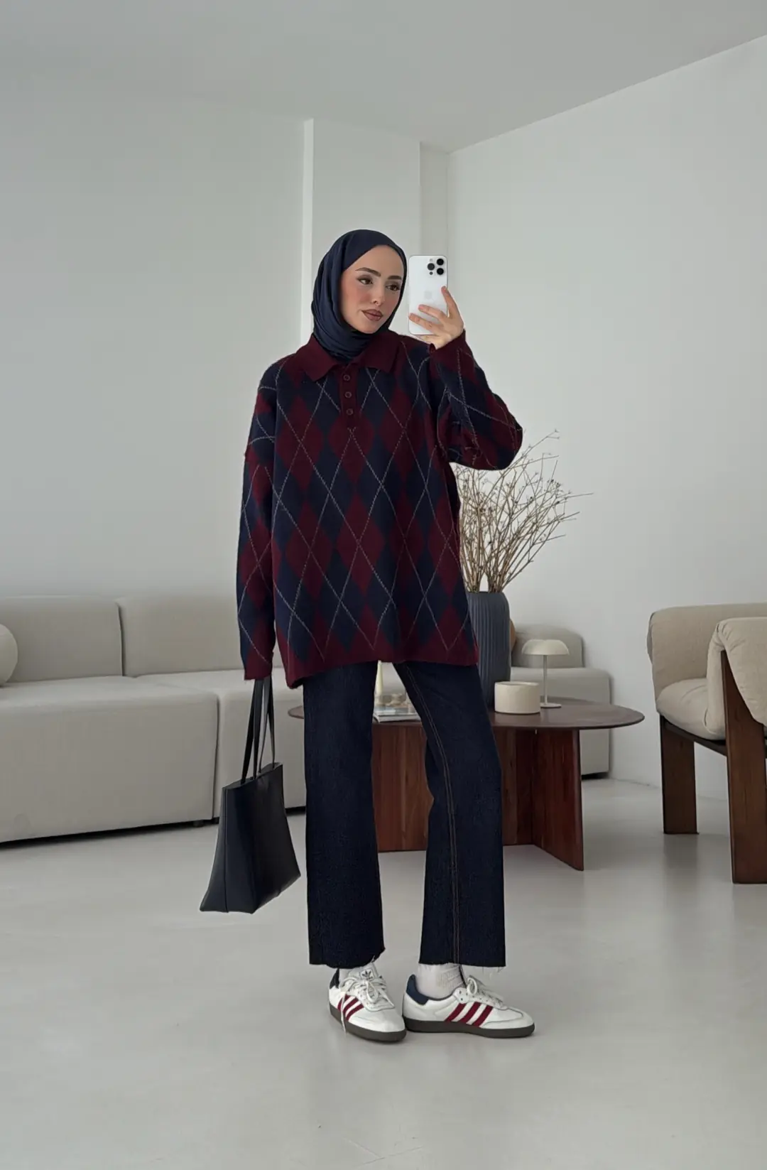 Premium Baklava Desenli Polo Yaka Kazak Lacivert - Görsel 3