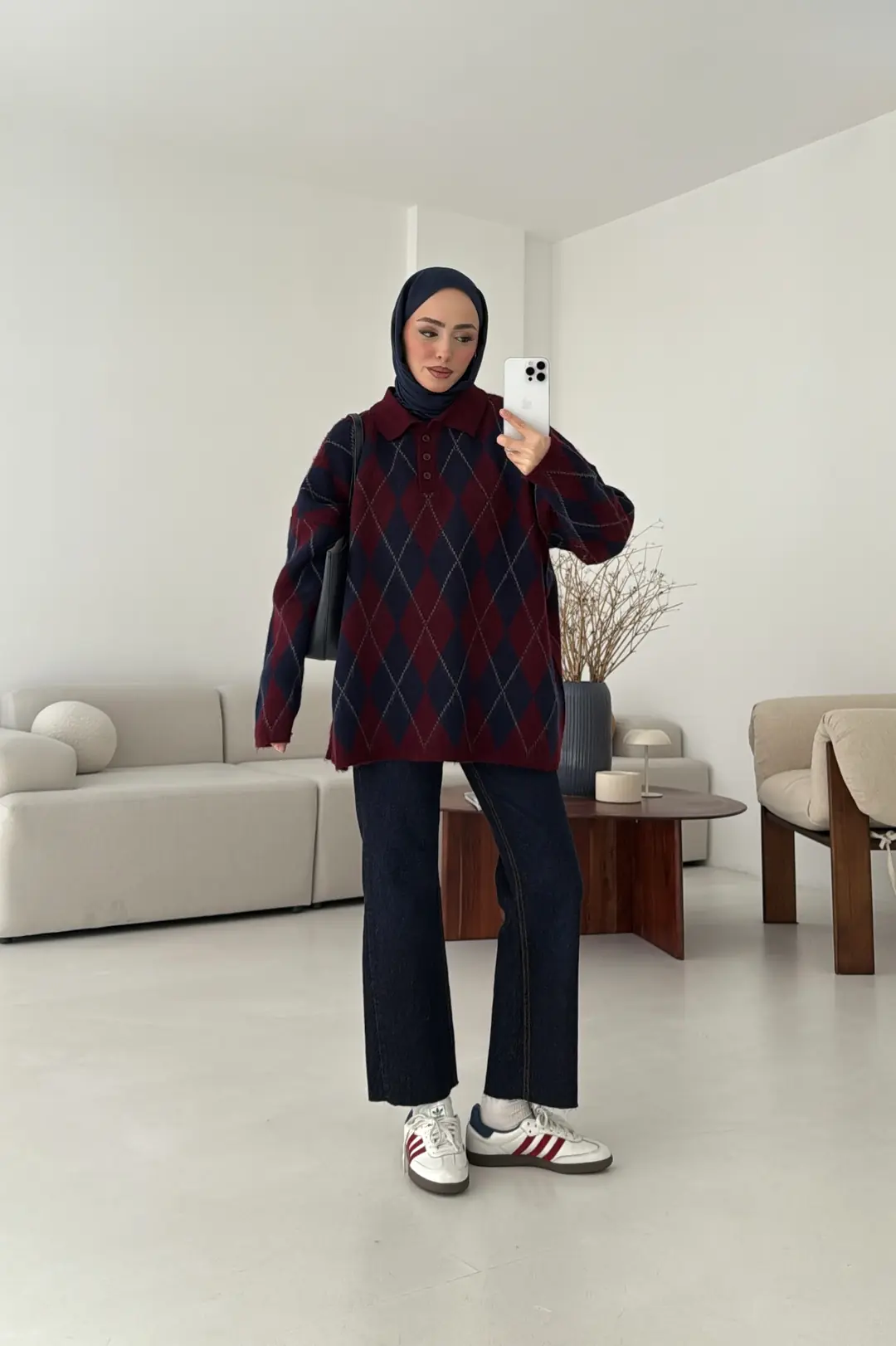 Premium Baklava Desenli Polo Yaka Kazak Lacivert - Görsel 5