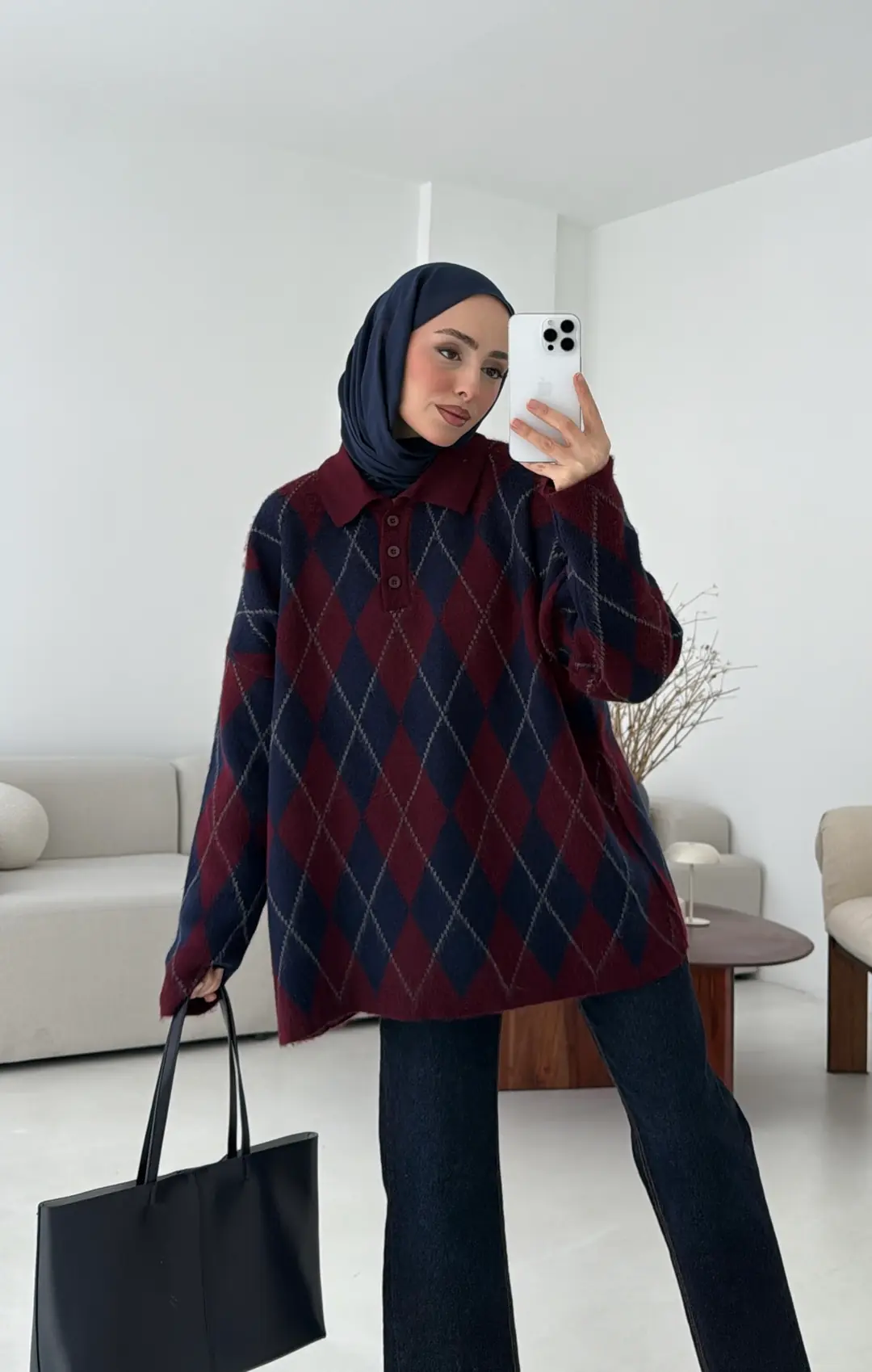 Premium Baklava Desenli Polo Yaka Kazak Lacivert - Görsel 8