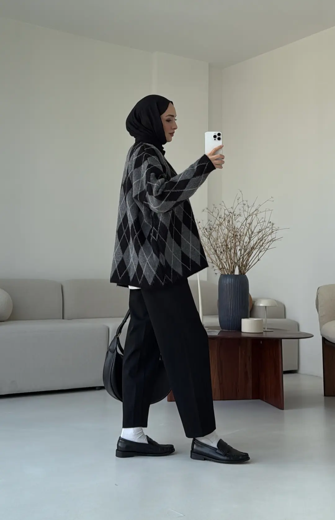 Premium Baklava Desenli Polo Yaka Kazak Siyah - Görsel 3