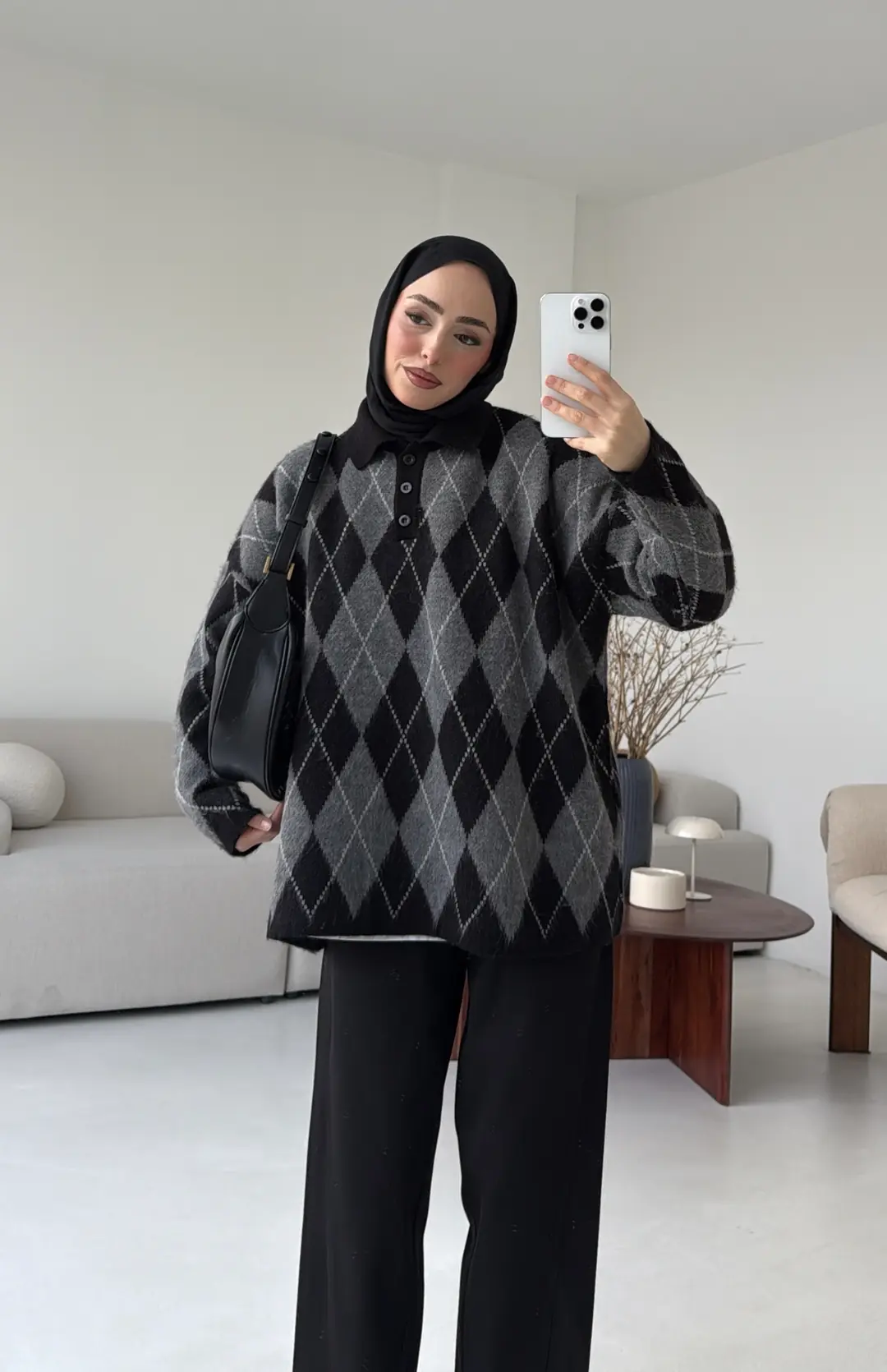 Premium Baklava Desenli Polo Yaka Kazak Siyah - Görsel 5