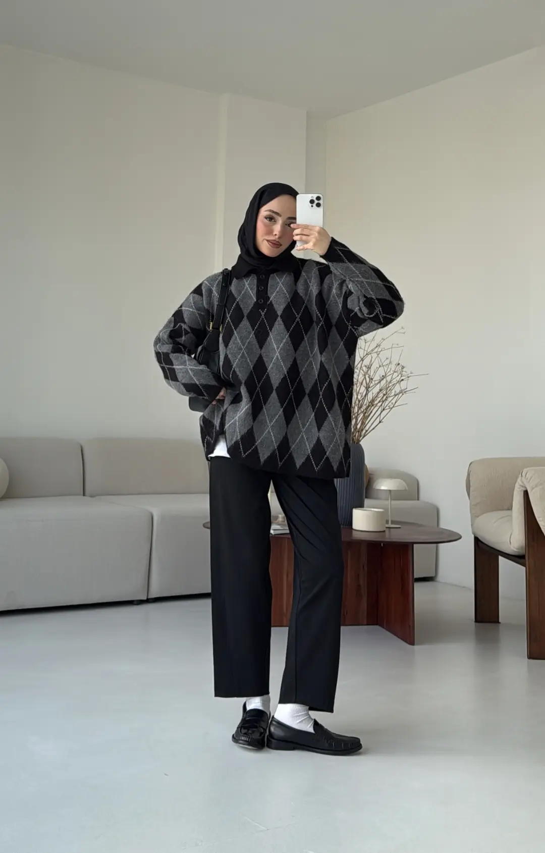 Premium Baklava Desenli Polo Yaka Kazak Siyah - Görsel 6