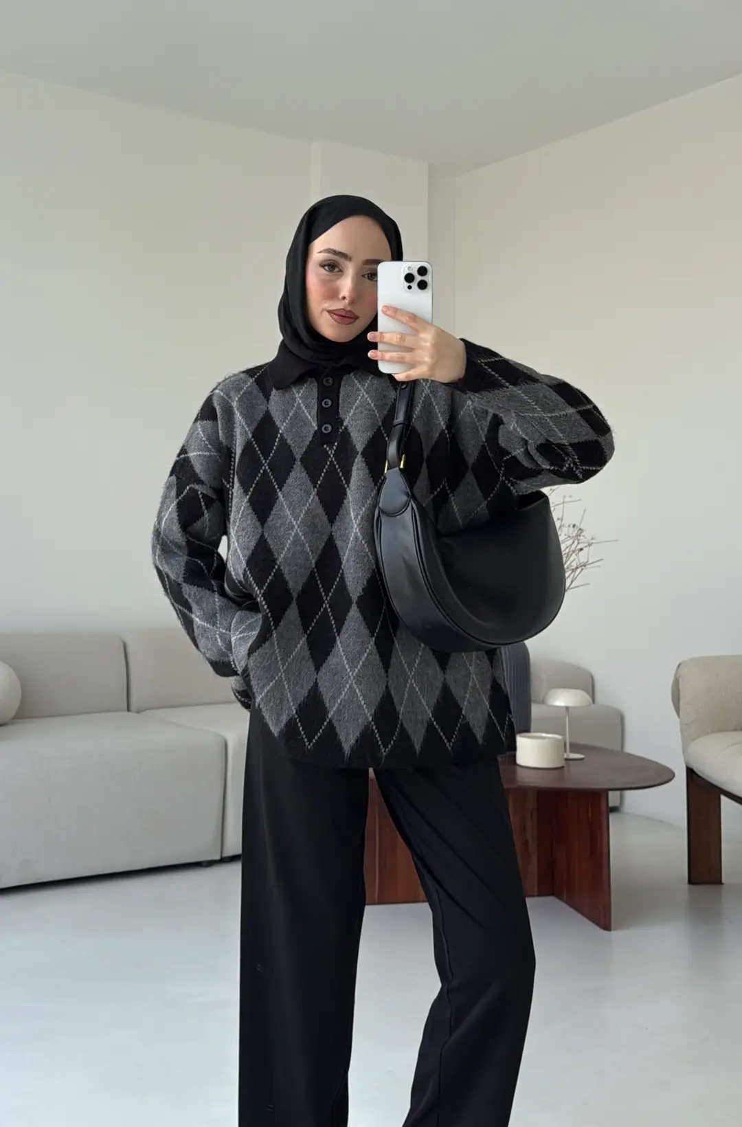 Premium Baklava Desenli Polo Yaka Kazak Siyah - Görsel 7