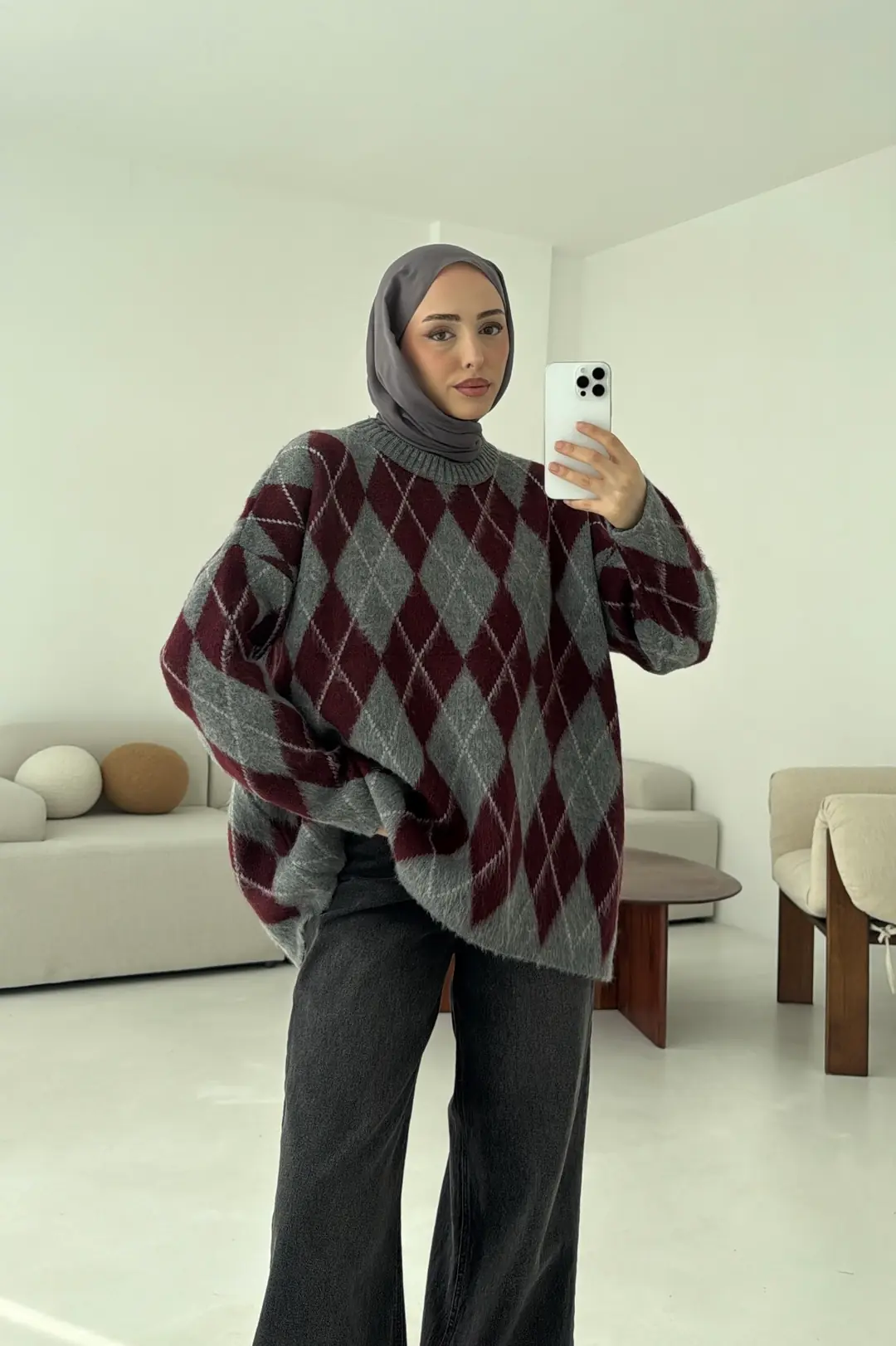 Premium Desenli Kalın Kazak Gri/Bordo