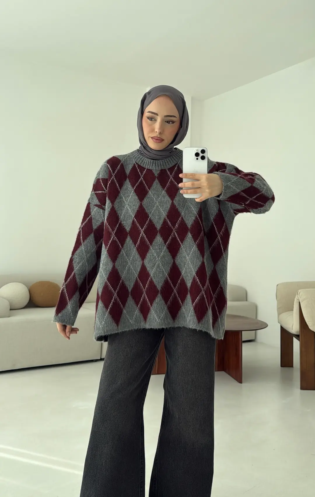 Premium Desenli Kalın Kazak Gri/Bordo - Görsel 2