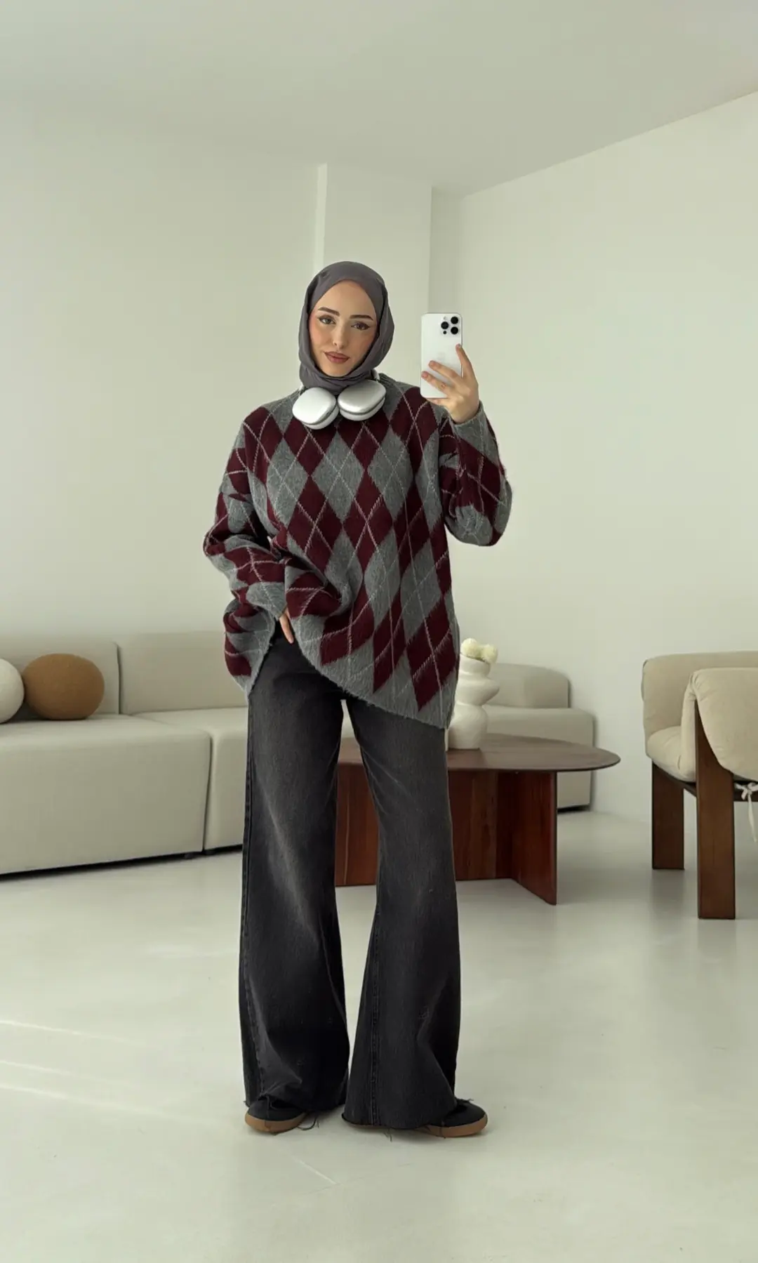 Premium Desenli Kalın Kazak Gri/Bordo - Görsel 4